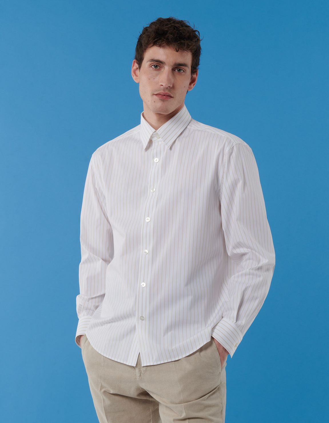 Beige Poplin Stripe Shirt Collar spread Evolution Classic Fit 3