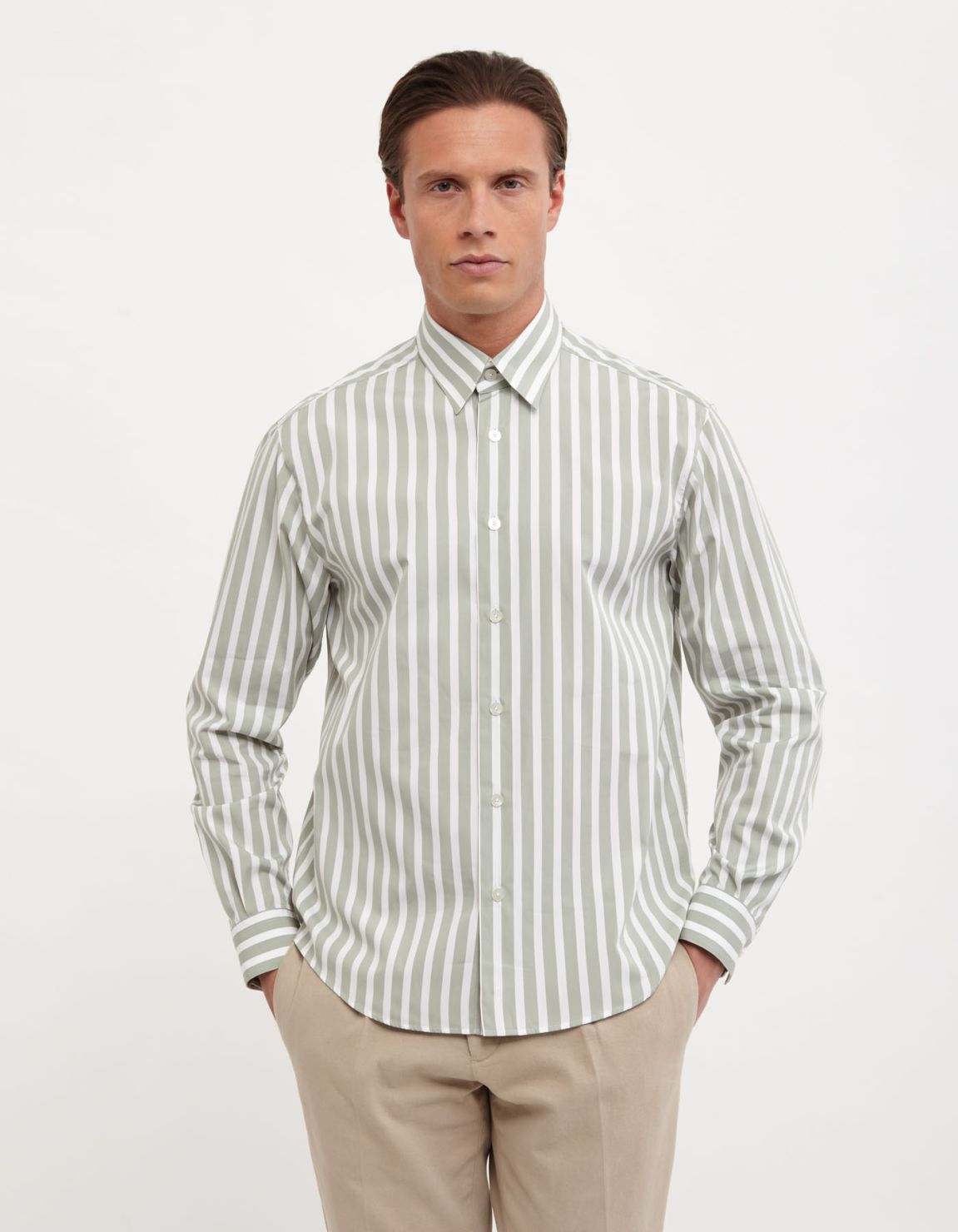 Sage Green Poplin Stripe Shirt Collar spread Evolution Classic Fit 3
