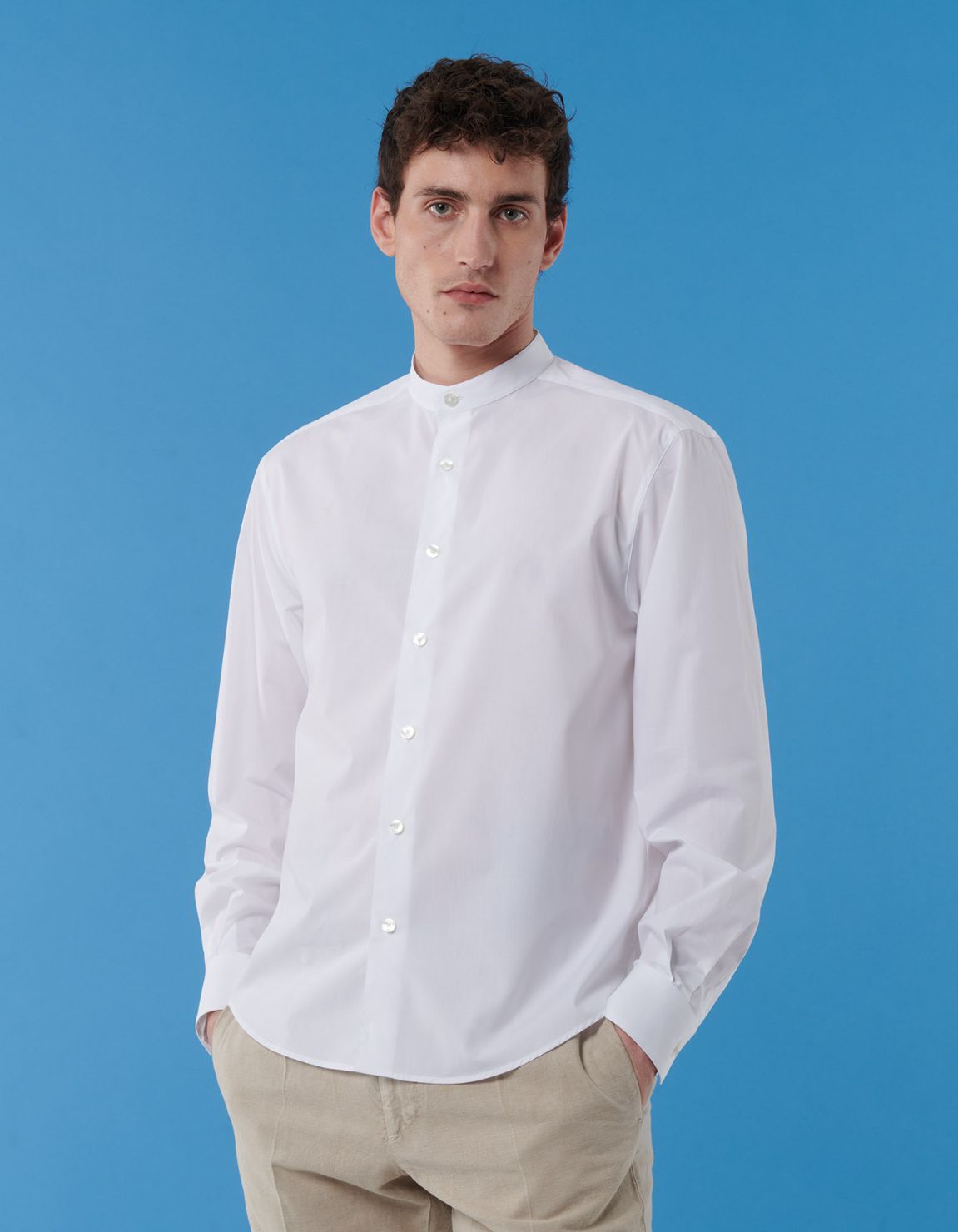 White Poplin Solid colour Shirt Collar Mandarin Evolution Classic Fit 3