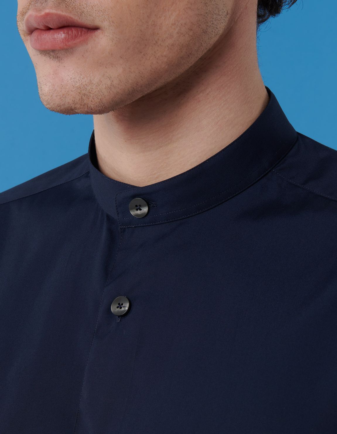 Dark Blue Poplin Solid colour Shirt Collar Mandarin Evolution Classic Fit 2