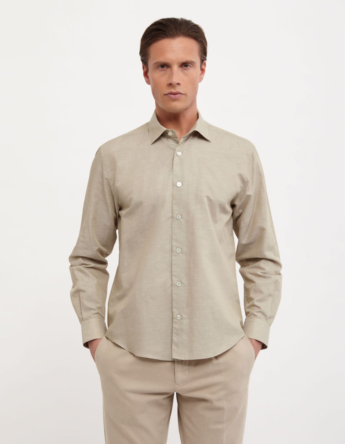 Beige Linen Solid colour Shirt Collar small cutaway Evolution Classic Fit 3