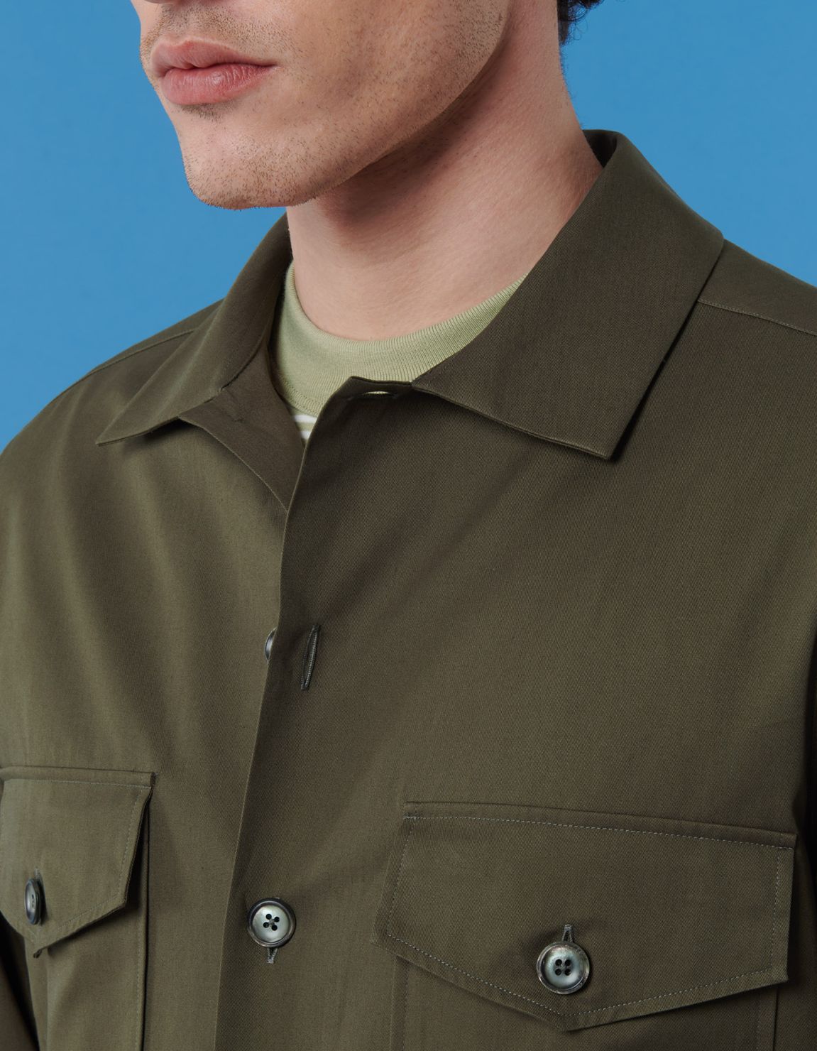 Army Green Gabardine Solid colour Shirt Collar spread Over 2