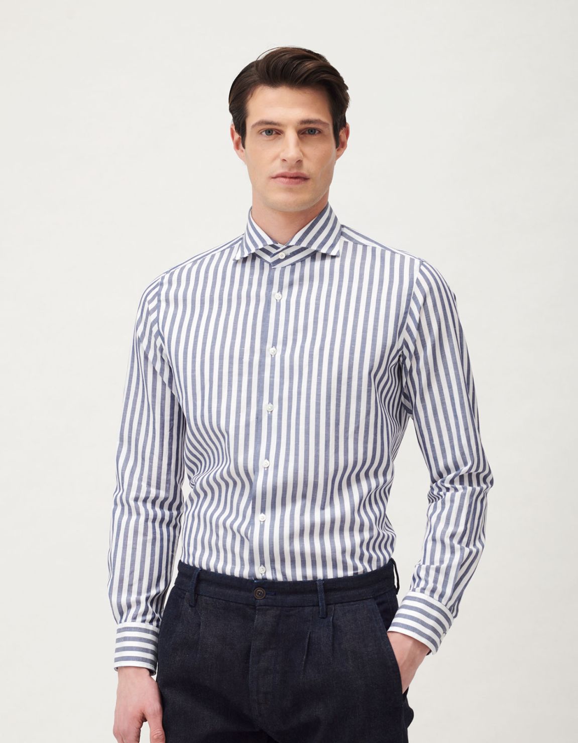 Dark Blue Zephir Stripe Shirt Collar cutaway Tailor Custom Fit 1