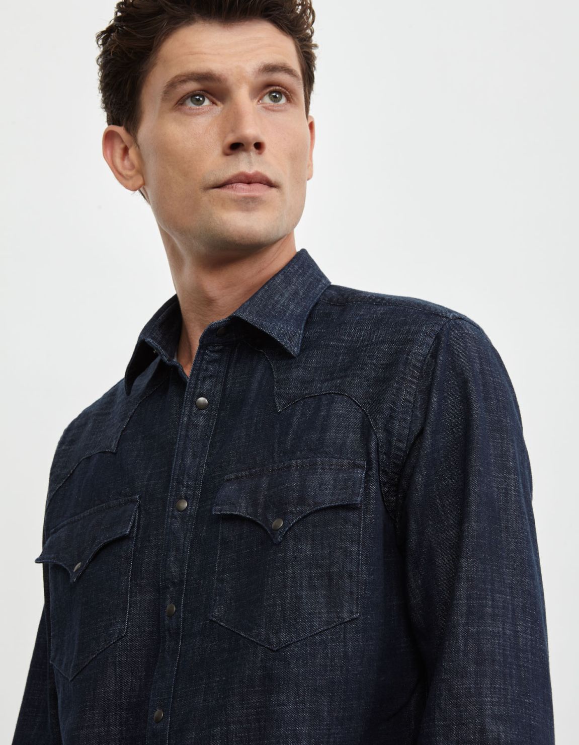 Camisa Cuello italiano Liso Sarga Azul oscuro Tailor Custom Fit 3