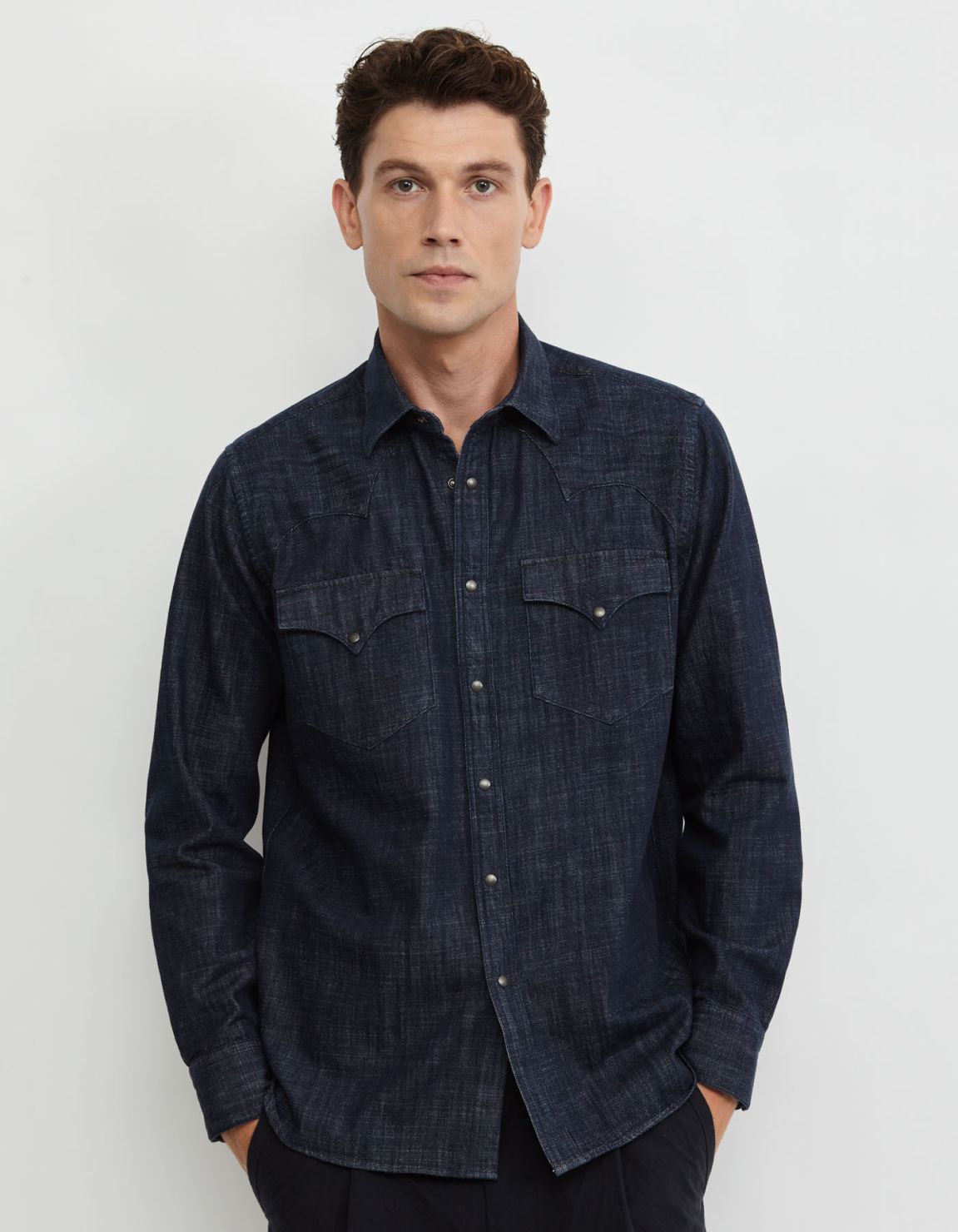 Camisa Cuello italiano Liso Sarga Azul oscuro Tailor Custom Fit 6