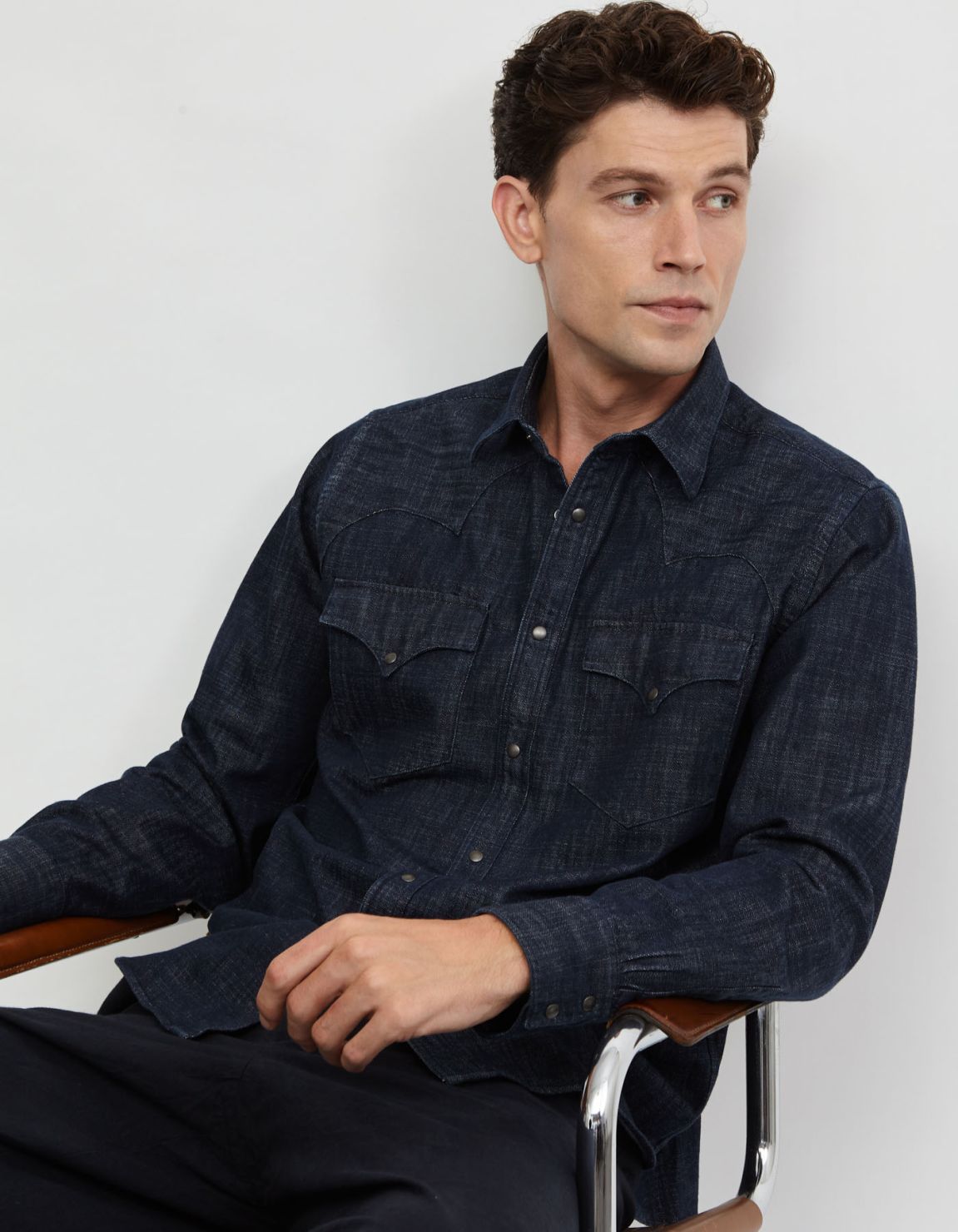 Camisa Cuello italiano Liso Sarga Azul oscuro Tailor Custom Fit 7