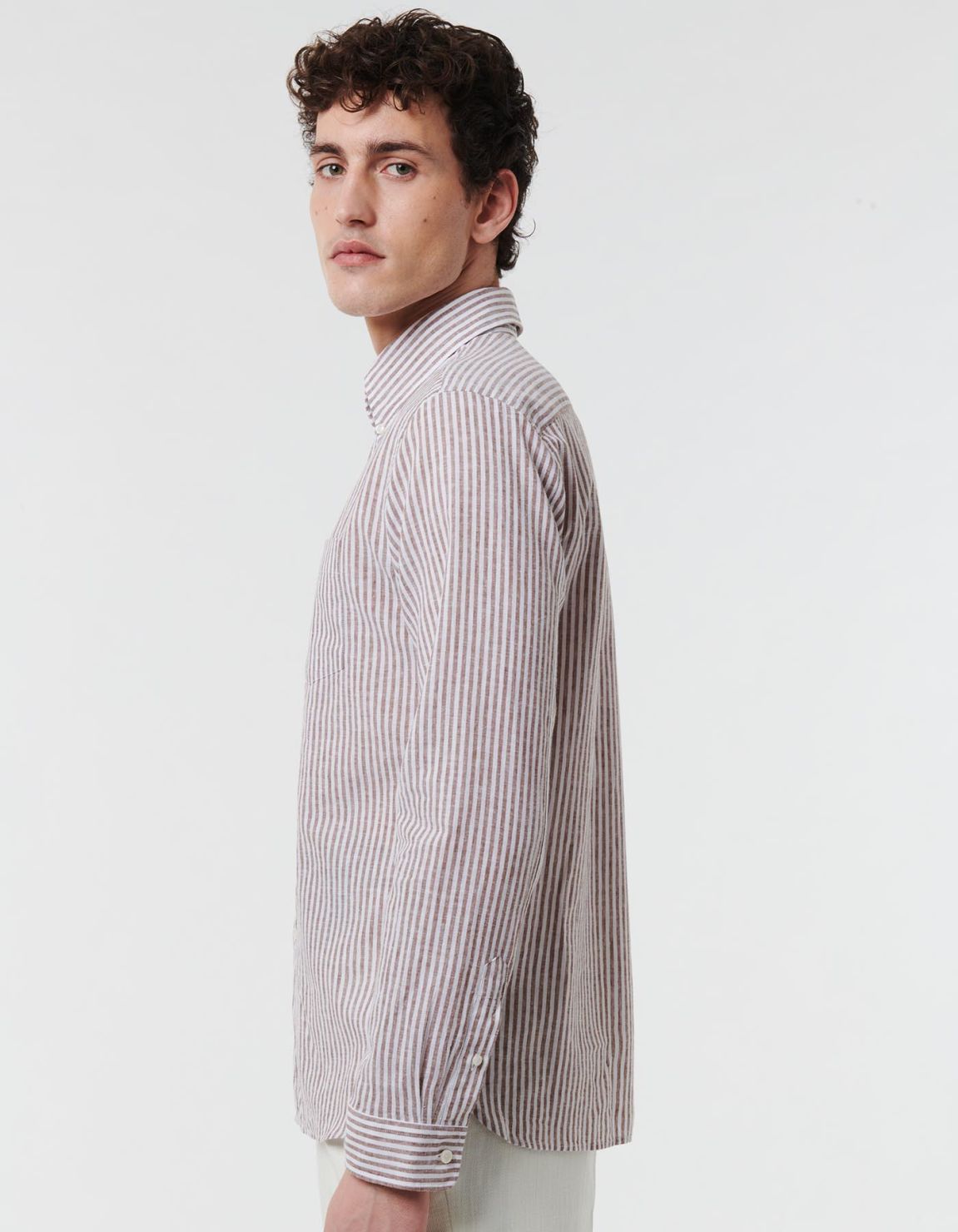 Brown Linen Stripe Shirt Collar button down Tailor Custom Fit 3