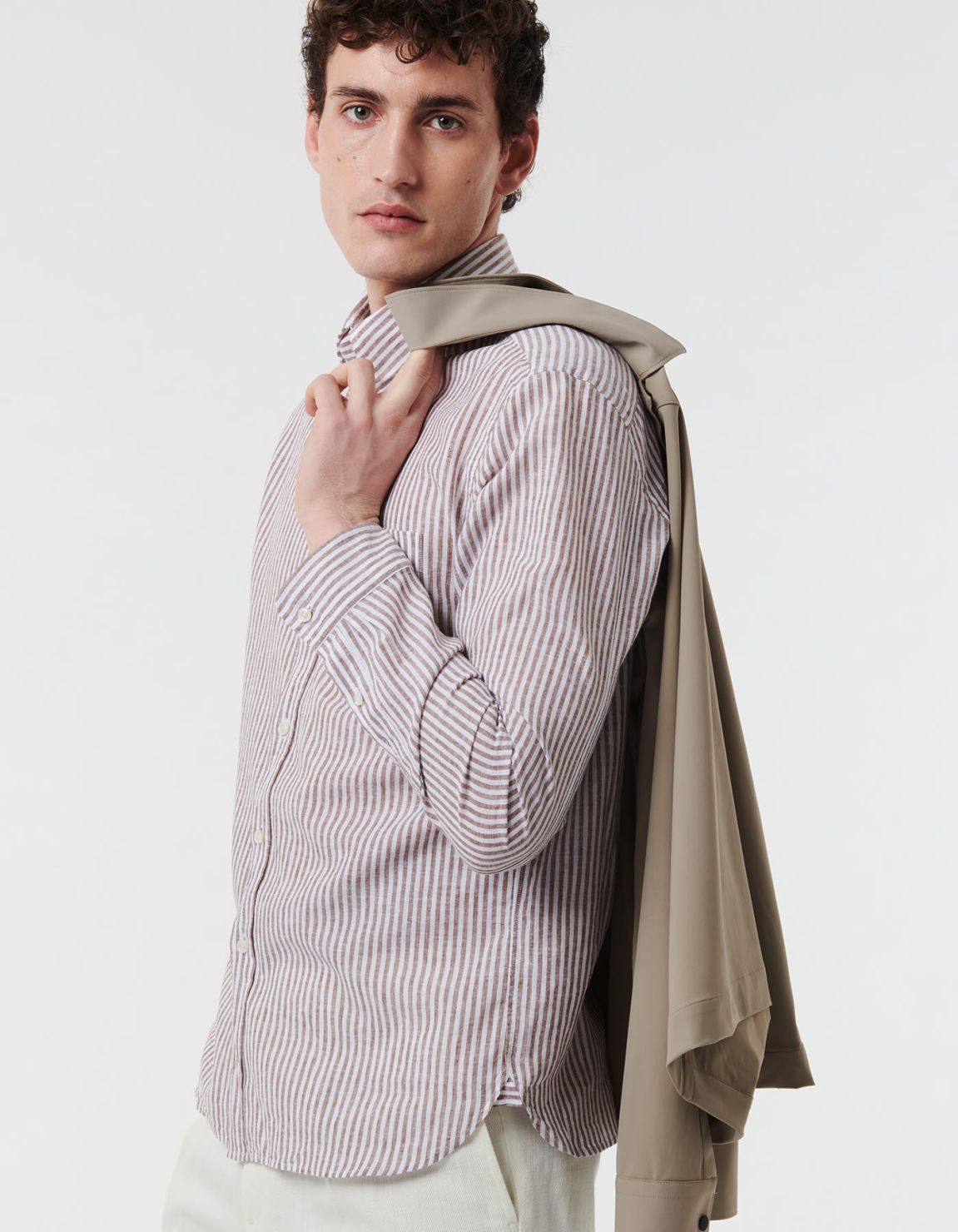 Brown Linen Stripe Shirt Collar button down Tailor Custom Fit 6