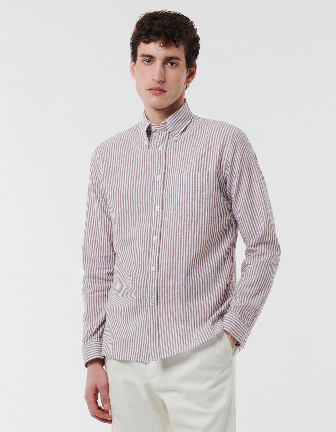 Brown Linen Stripe Shirt Collar button down Tailor Custom Fit 7