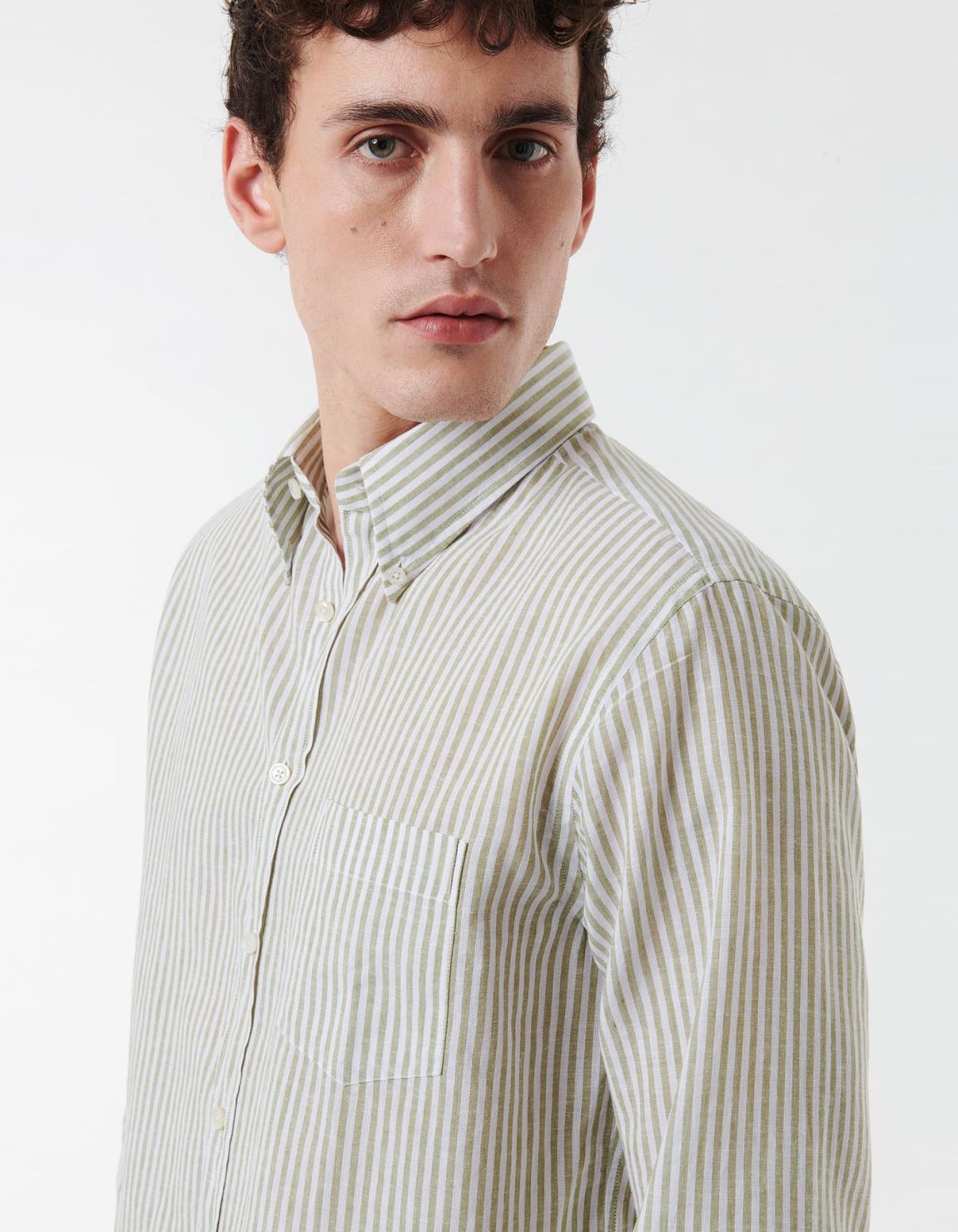 Green Linen Stripe Shirt Collar button down Tailor Custom Fit 7