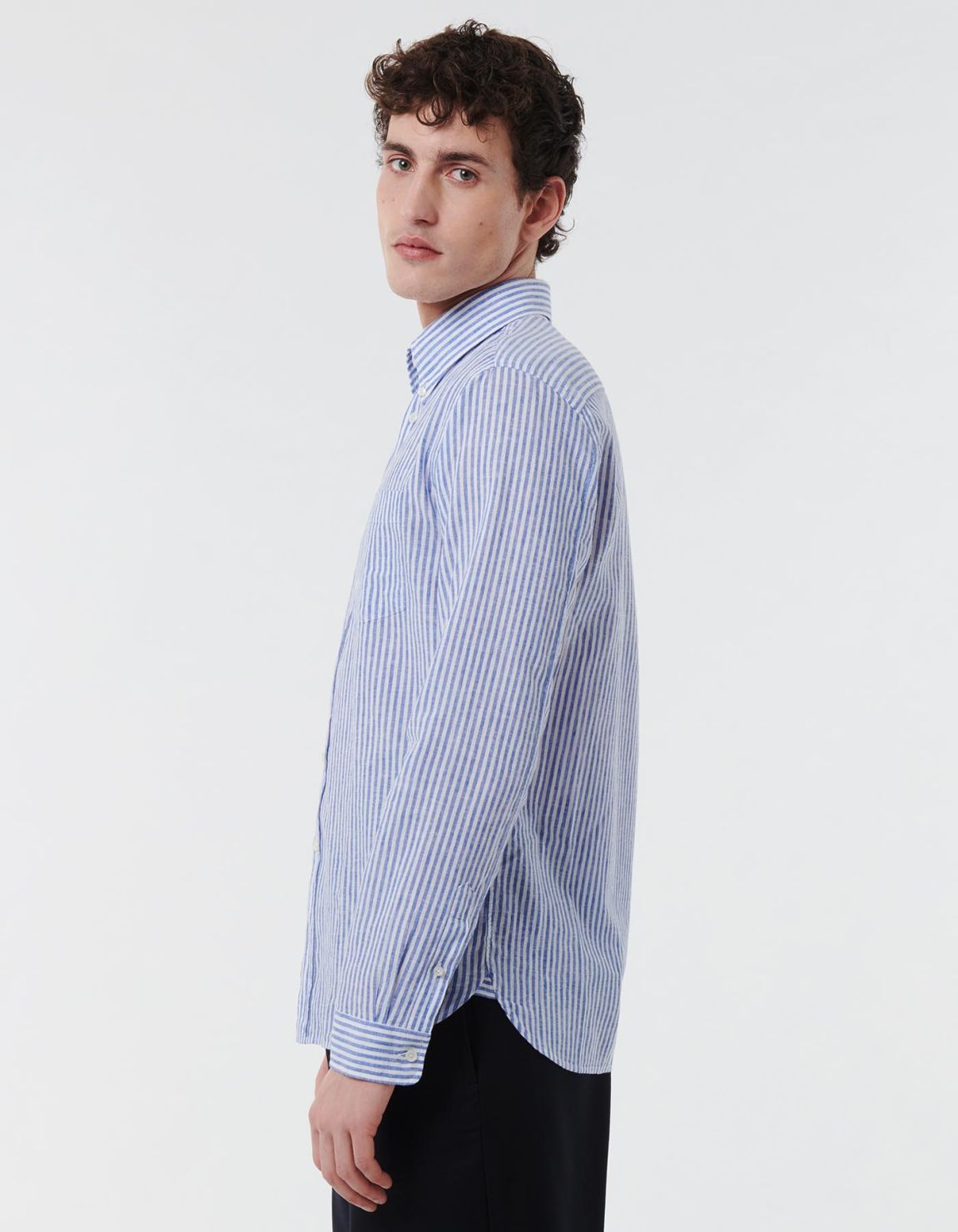Blue Linen Stripe Shirt Collar button down Tailor Custom Fit 6