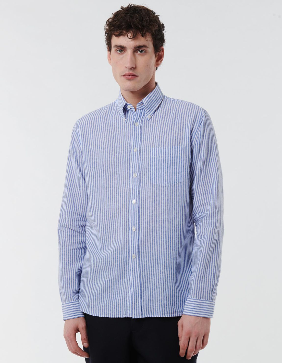 Blue Linen Stripe Shirt Collar button down Tailor Custom Fit 7