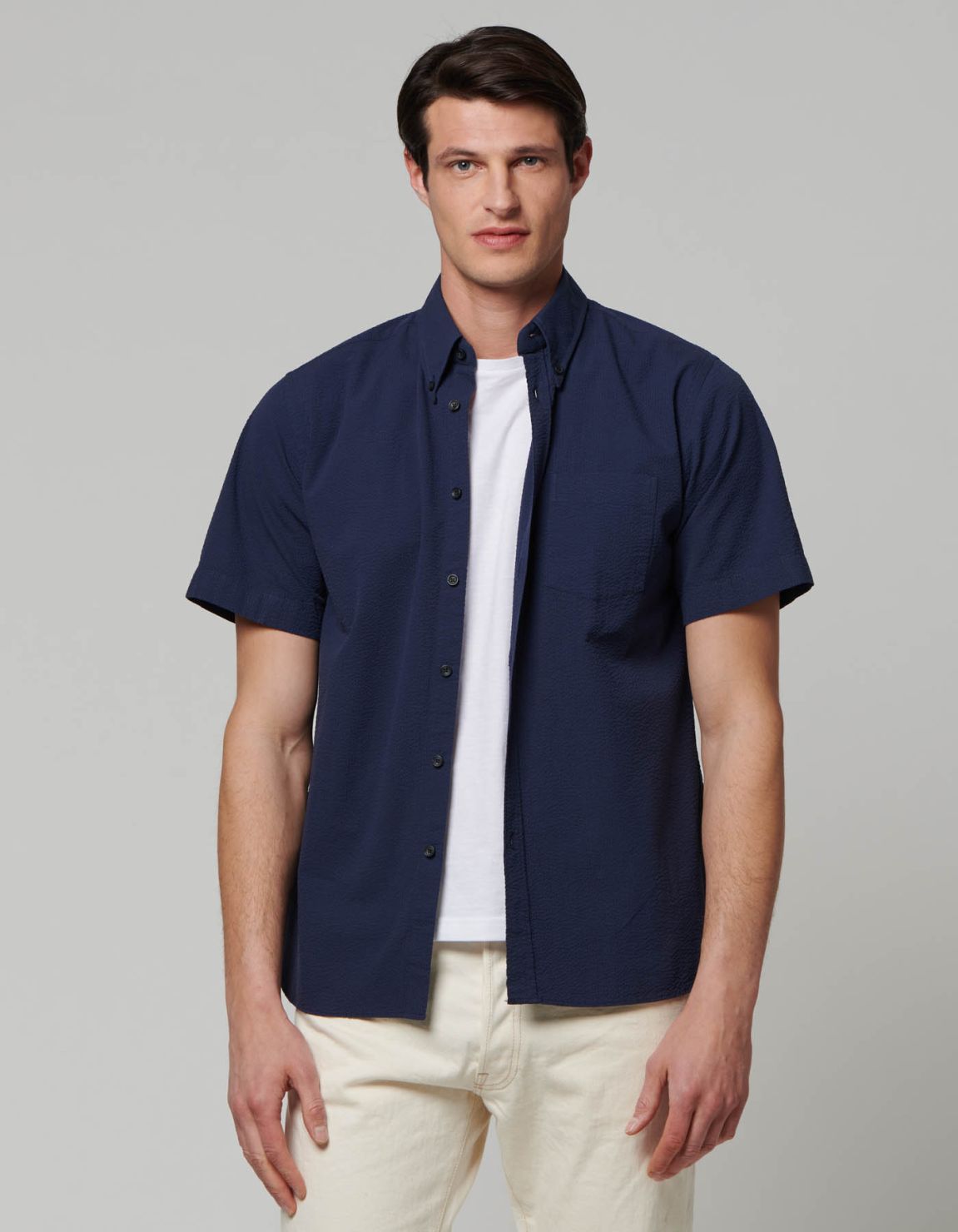 Blue Seersucker Solid colour Shirt Collar button down Tailor Custom Fit 6