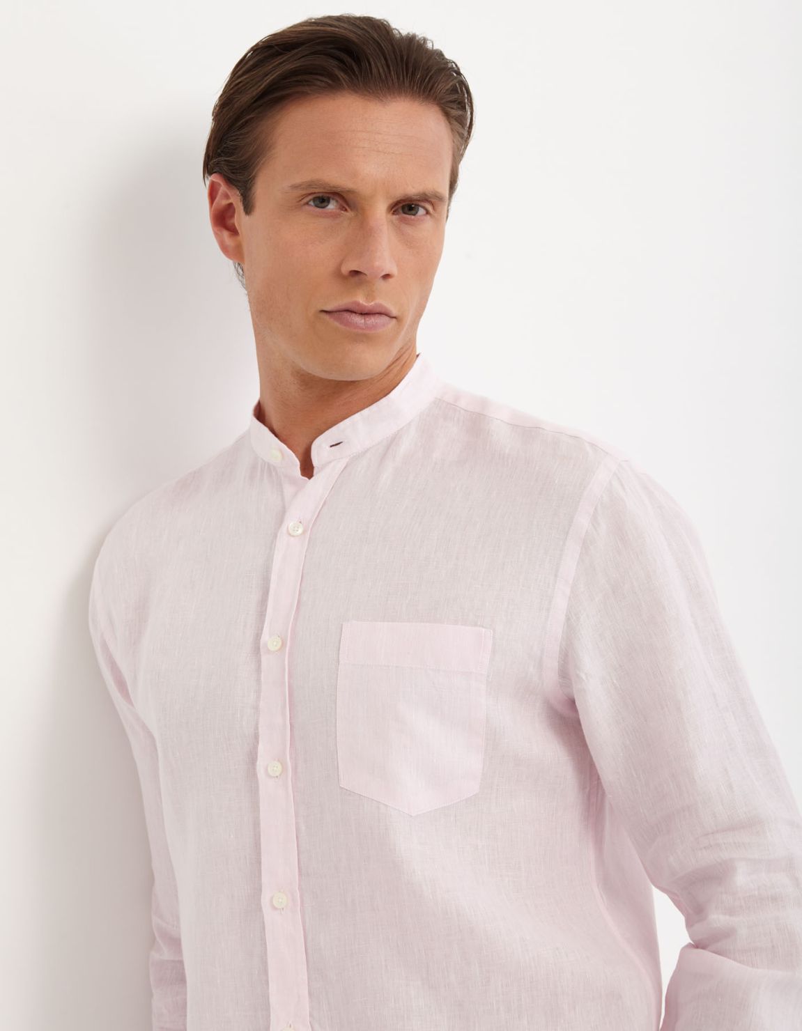 Camisa Cuello mao Liso Lino Rosa jaspeado Tailor Custom Fit 3