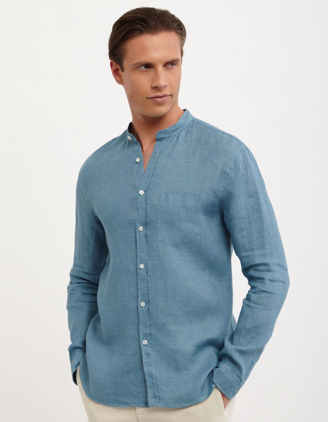 Camisa Cuello mao Liso Lino Verde azulado Tailor Custom Fit 3