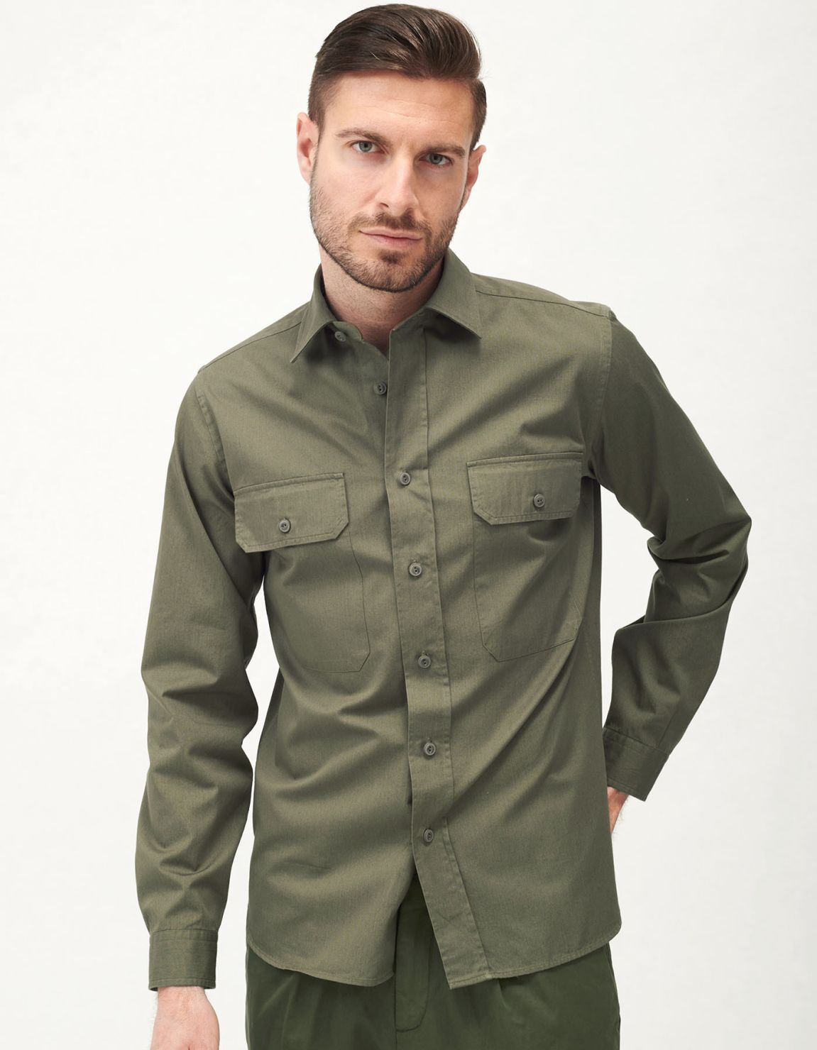 Camicia Collo italiano piccolo Tinta Unita Gabardina Verde militare Tailor Custom Fit 3