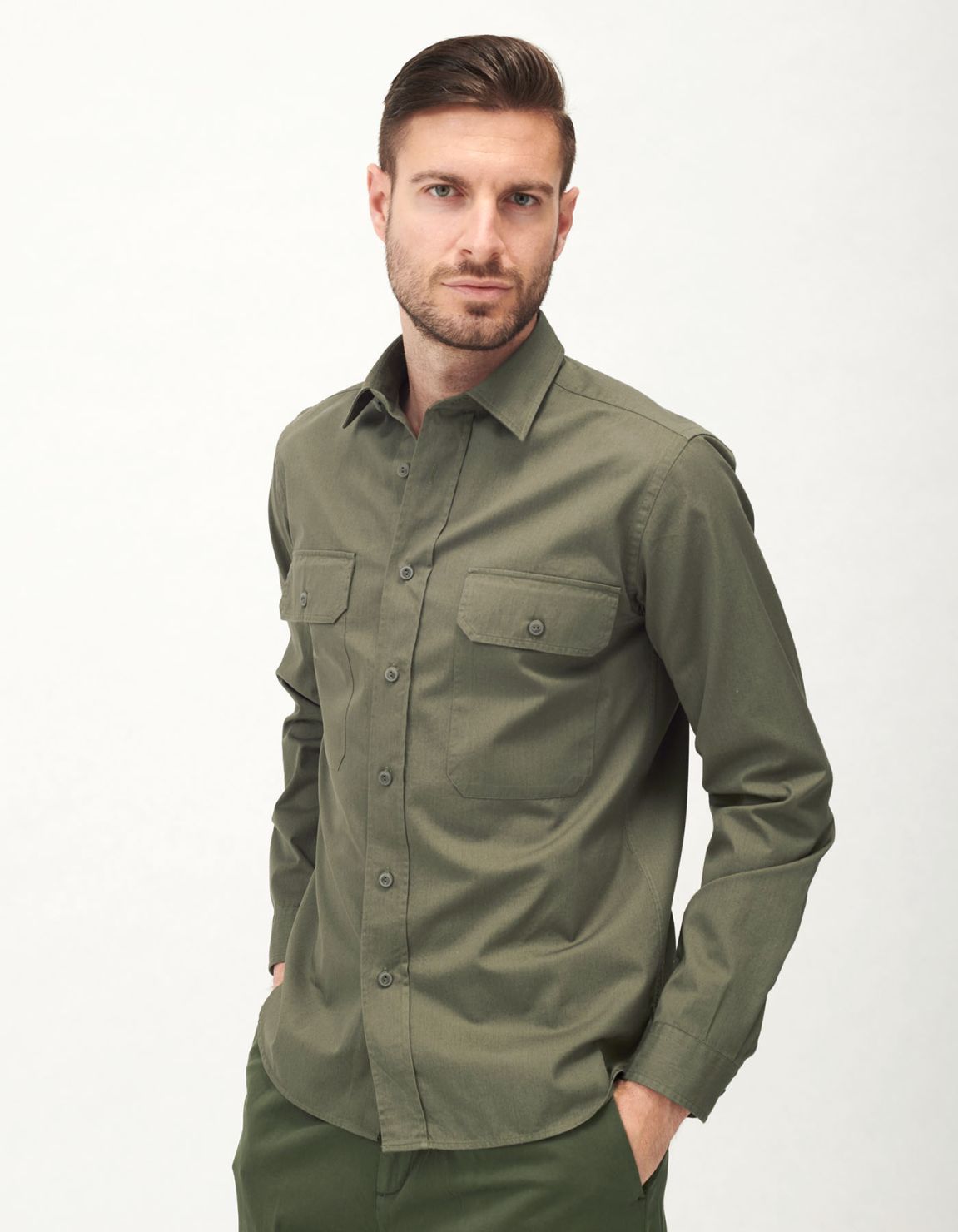Camisa Cuello italiano pequeño Liso Gabardina Verde militar Tailor Custom Fit 6