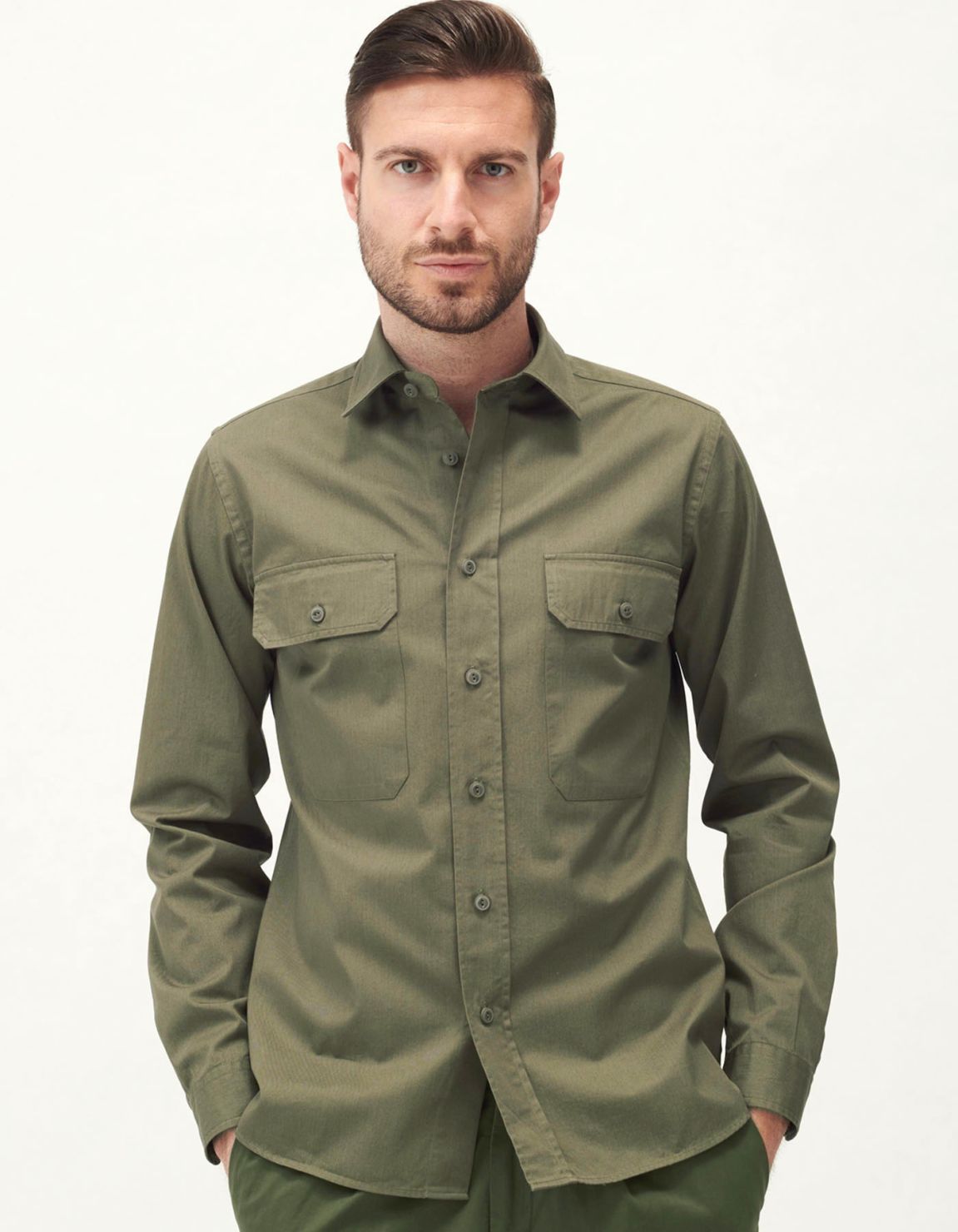 Camisa Cuello italiano pequeño Liso Gabardina Verde militar Tailor Custom Fit 7