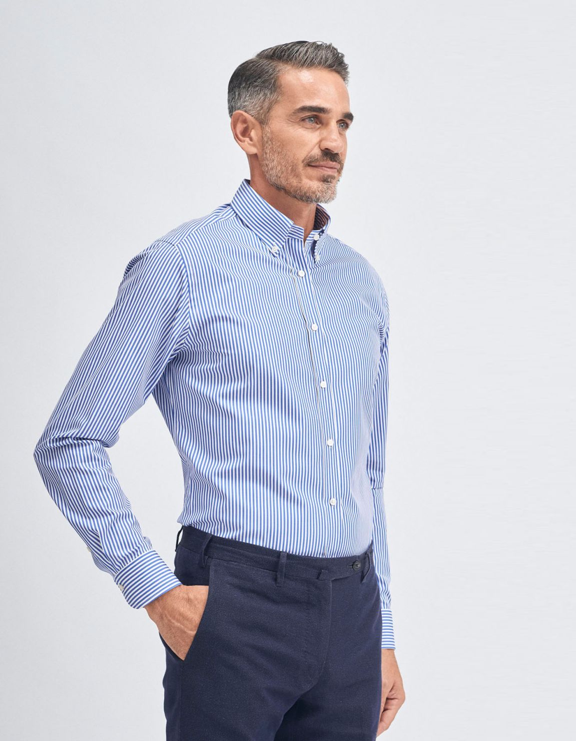 Blue Poplin Stripe Shirt Collar button down Tailor Custom Fit 1