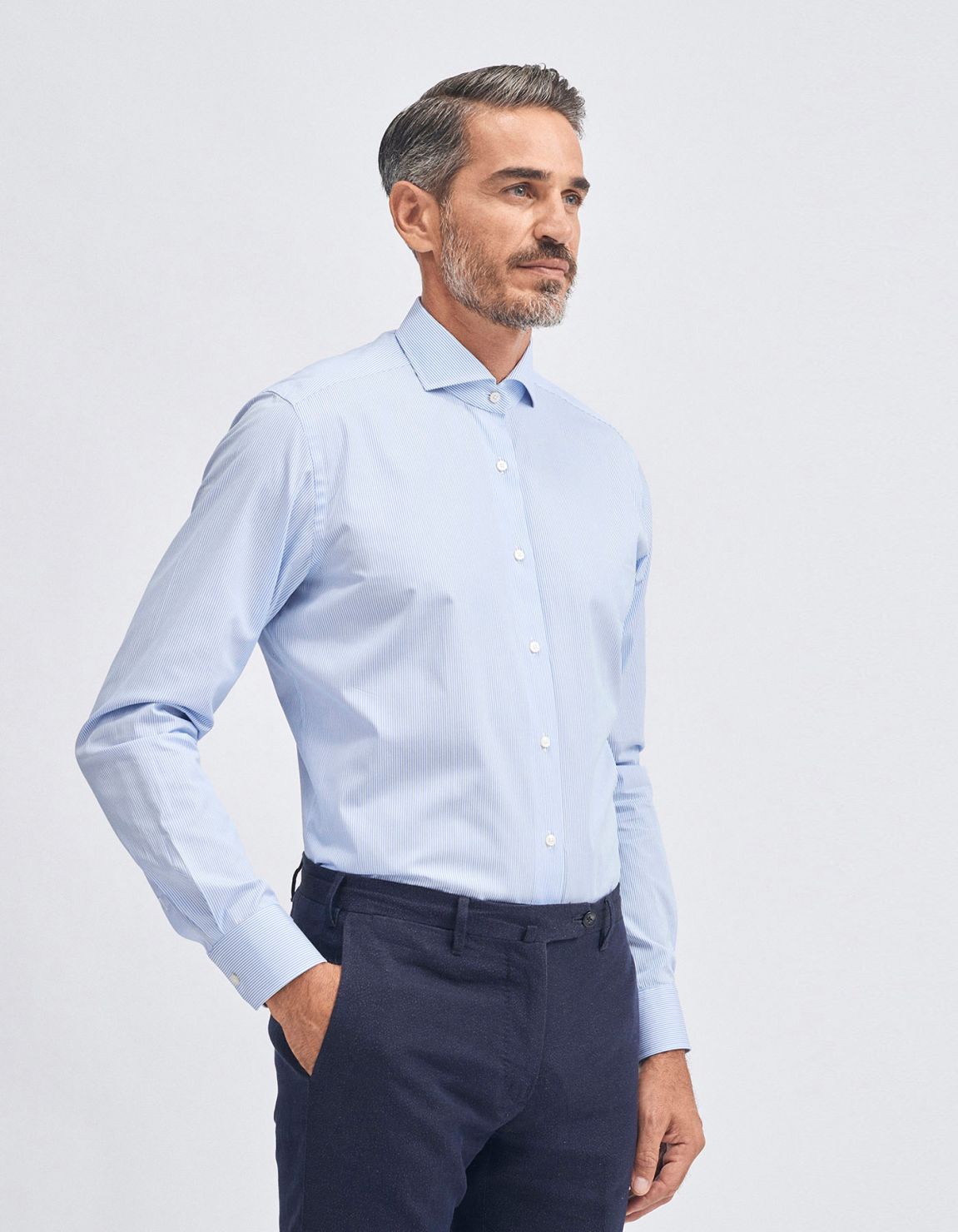 Chemise Col français Bleu ciel pâle Popeline Rayure Tailor Custom Fit 1