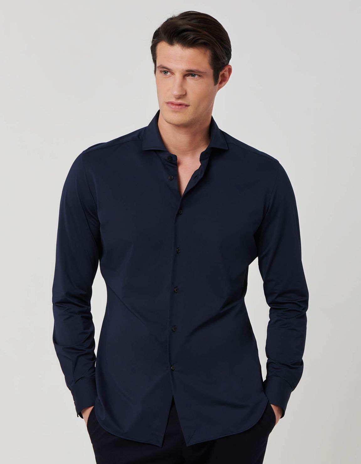 Camicia Collo francese Tinta Unita Armaturato Blu navy Tailor Custom Fit 6