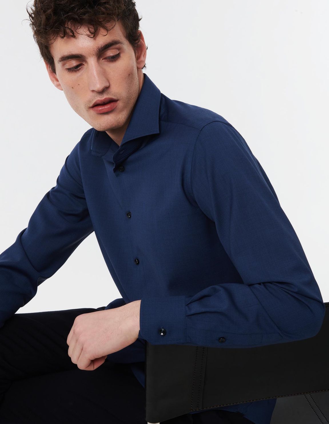 Dark Blue Canvas Solid colour Shirt Collar cutaway Tailor Custom Fit 7