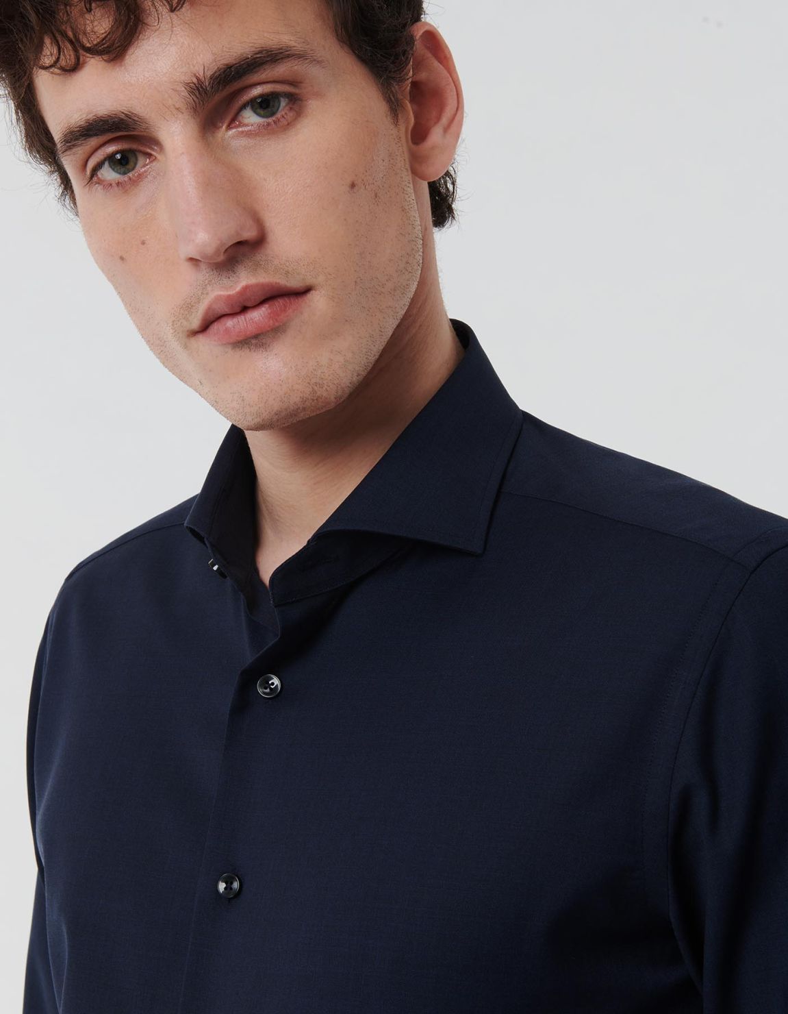 Camicia Collo francese Tinta Unita Tela Blu navy Tailor Custom Fit 6