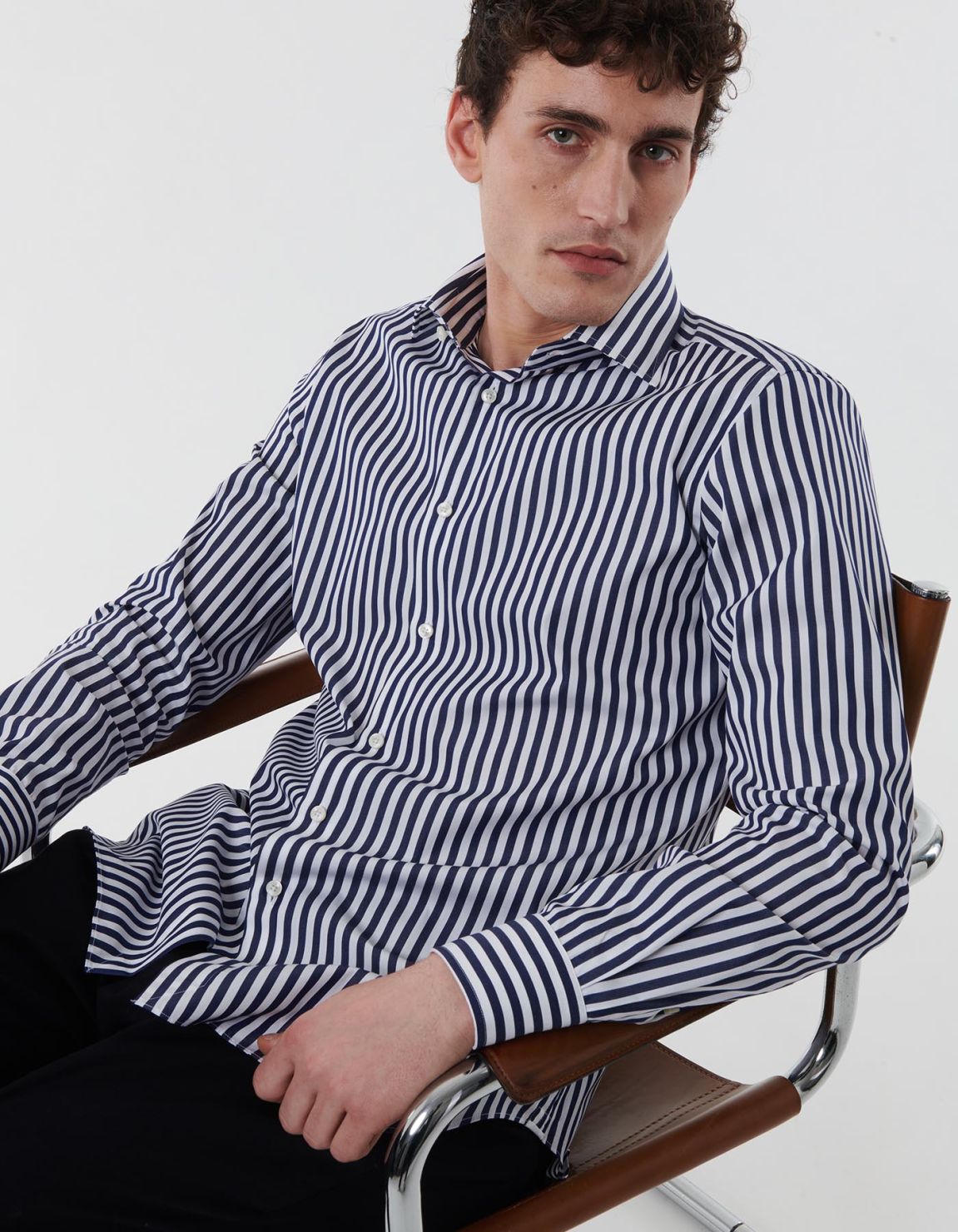 Dark Blue Poplin Stripe Shirt Collar spread Tailor Custom Fit 3