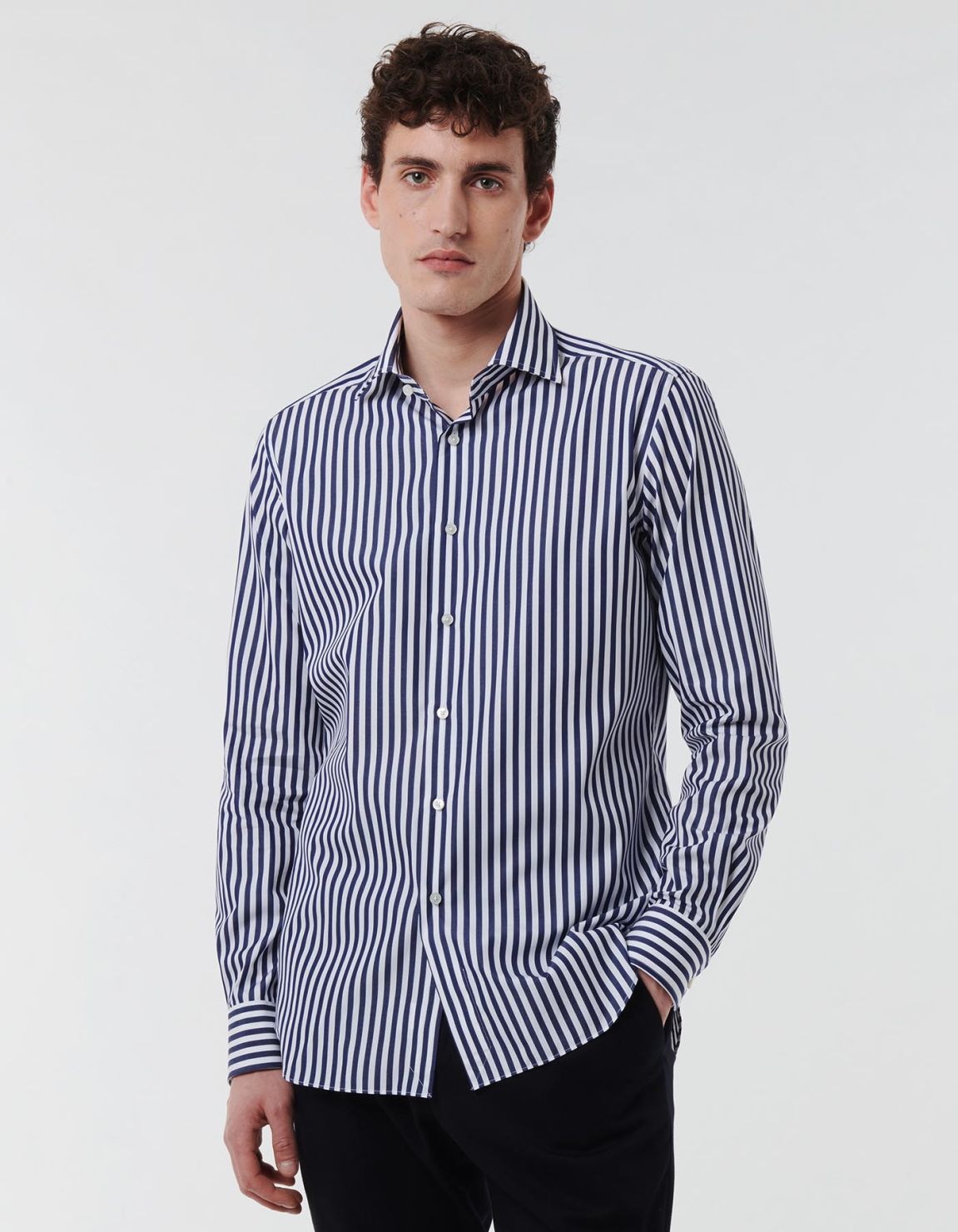 Dark Blue Poplin Stripe Shirt Collar spread Tailor Custom Fit 7