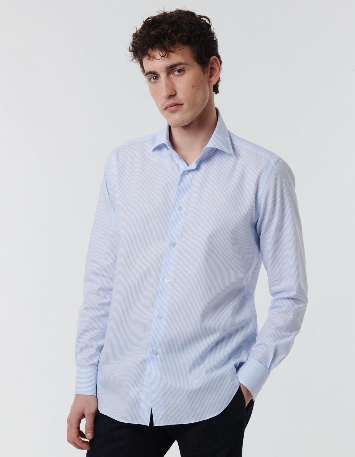 Camisa Cuello italiano Rayas Oxford Celeste Tailor Custom Fit 3