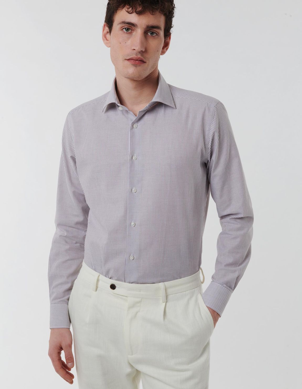 Camisa Cuello italiano Rayas Oxford Marrón Tailor Custom Fit 3