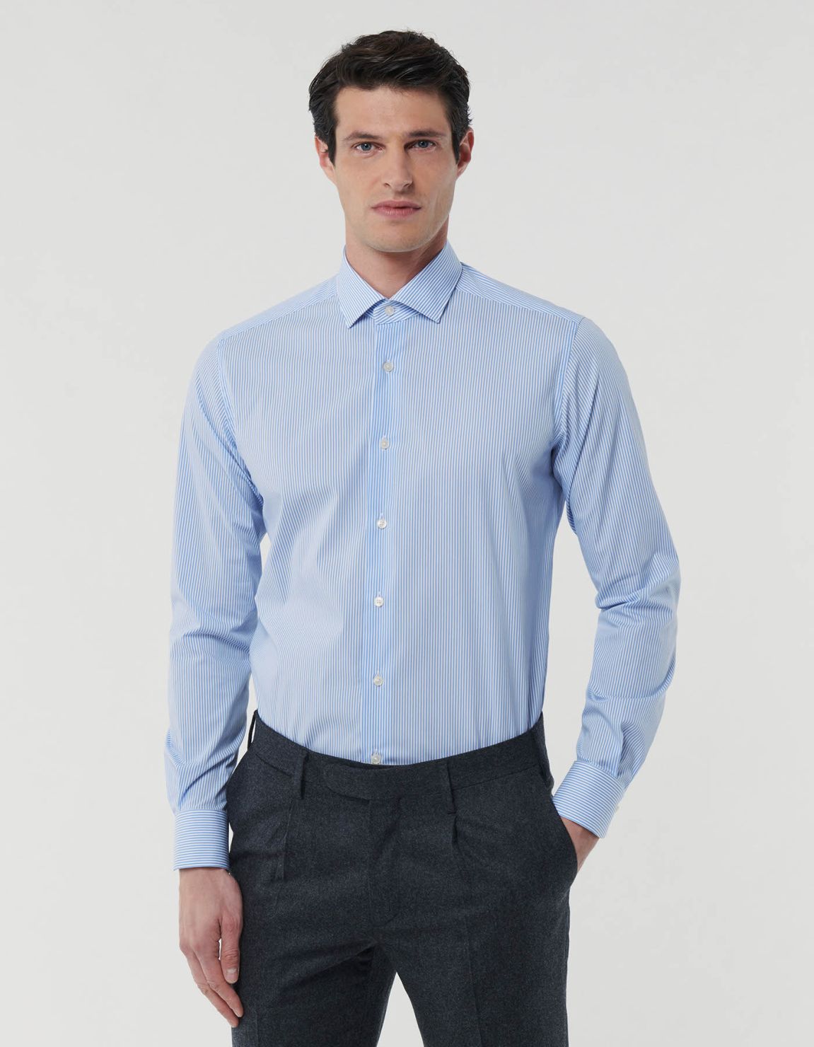 Camicia Collo francese piccolo Righe Popeline Celeste Tailor Custom Fit 3