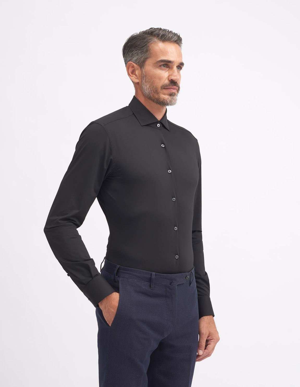 Camicia Collo francese piccolo Tinta Unita Twill Nero Tailor Custom Fit 1