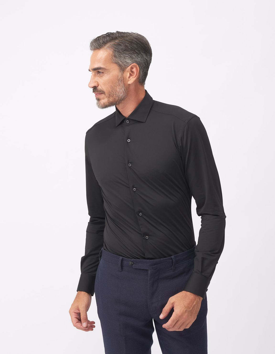Camicia Collo francese piccolo Tinta Unita Twill Nero Tailor Custom Fit 5
