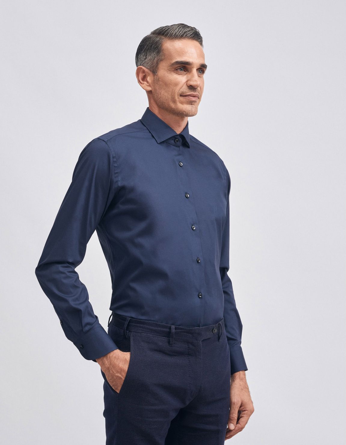 Camicia Collo francese piccolo Tinta Unita Tela Blu navy Tailor Custom Fit 1