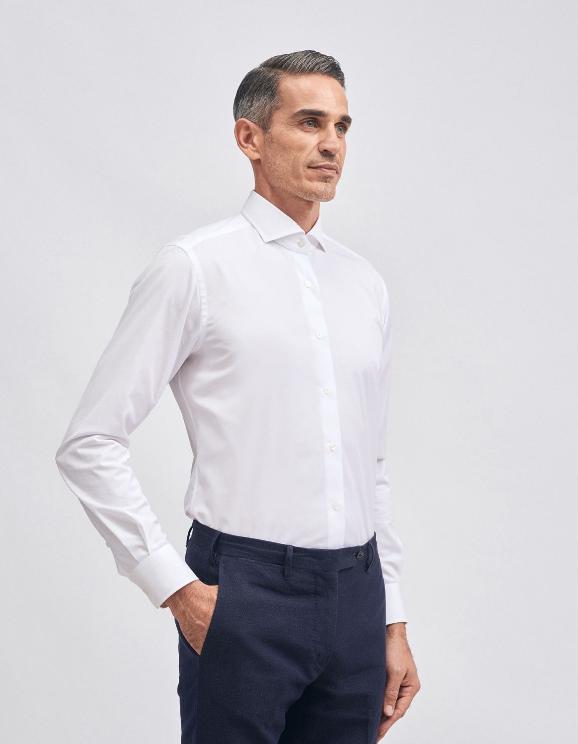 Camicia Collo francese Tinta Unita Twill Bianco Slim Fit 1