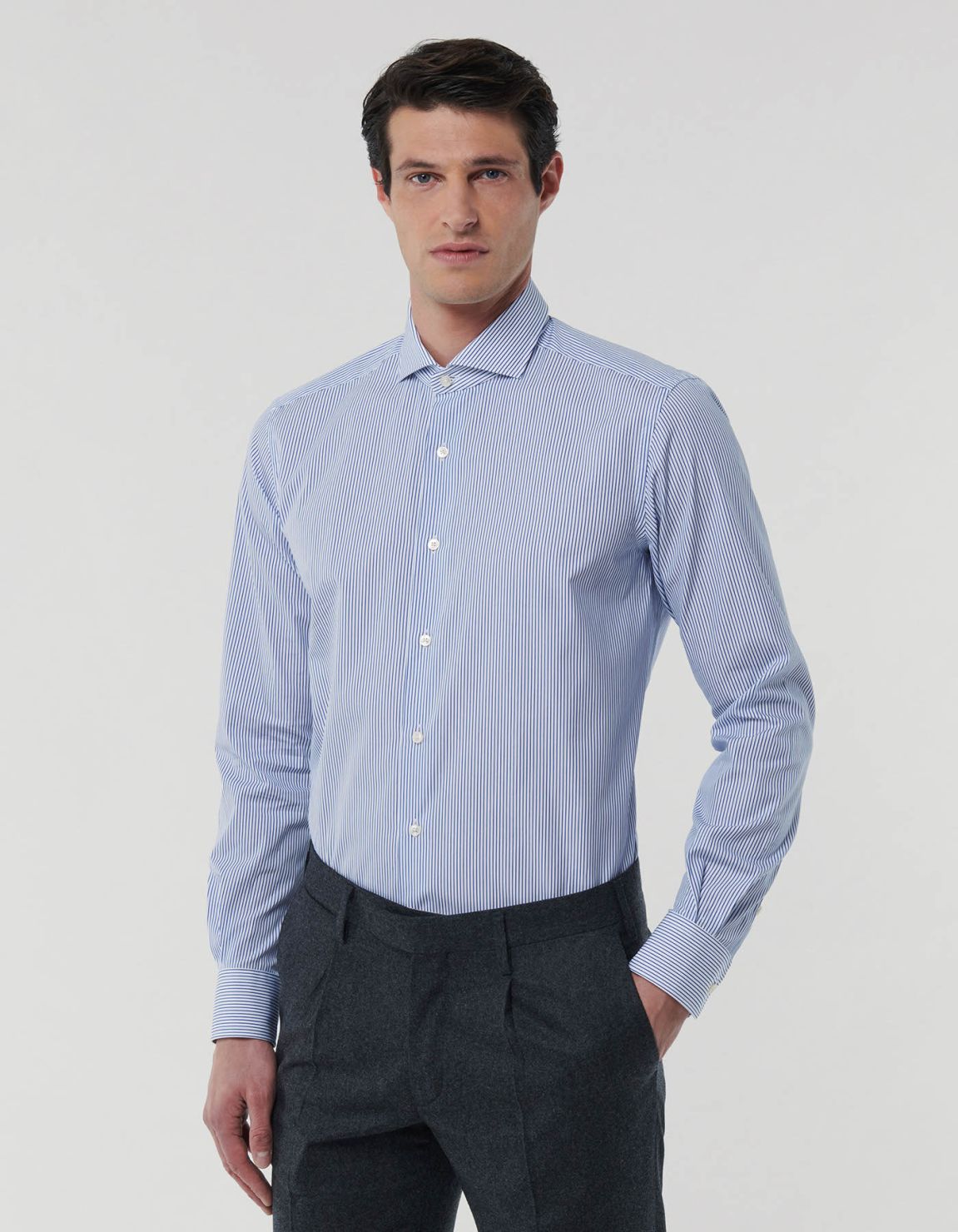 Camicia Collo francese Righe Popeline Blu Slim Fit 3
