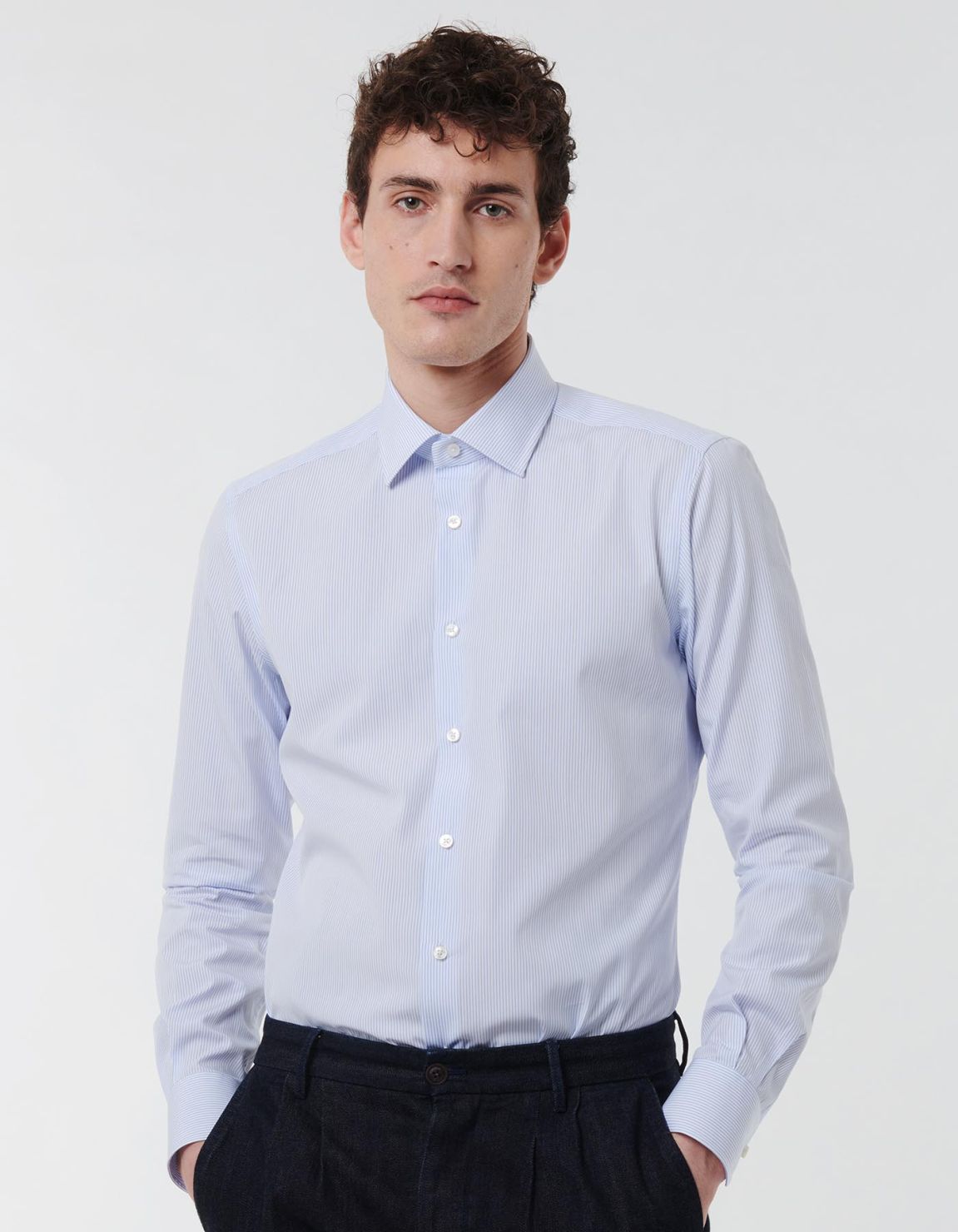 Sky Blue Poplin Stripe Shirt Collar spread Slim Fit 3