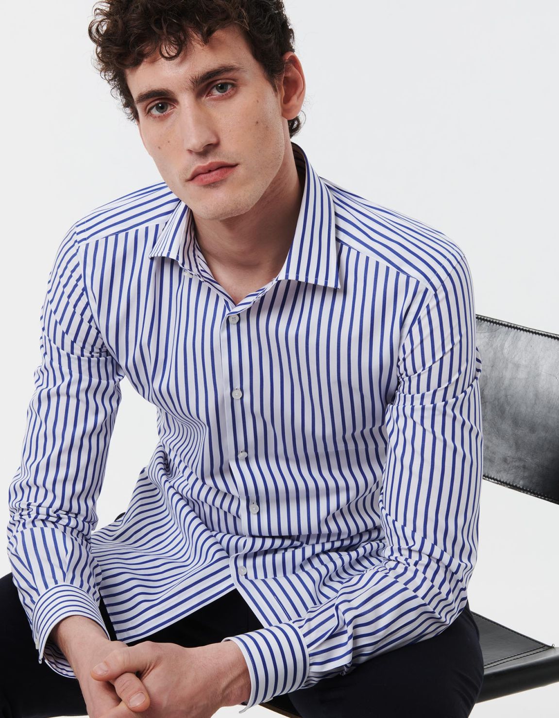 Blue Poplin Stripe Shirt Collar spread Slim Fit 3