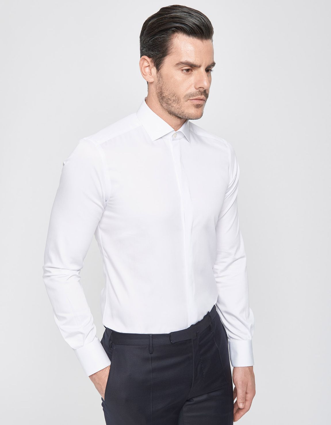 Camicia Collo francese Tinta Unita Tela Bianco Slim Fit 1