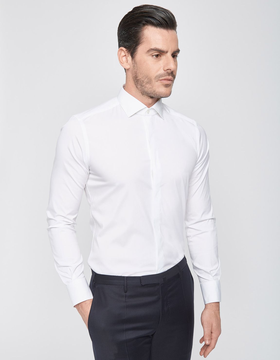 Camicia Collo francese Tinta Unita Tela Bianco Slim Fit 1