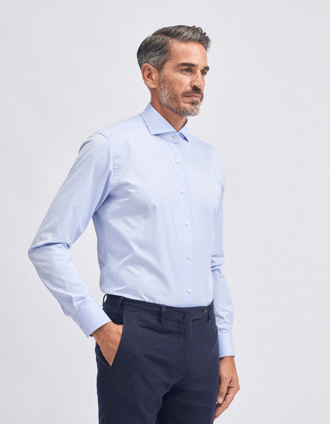 Chemise Col français petit Bleu ciel opaque Twill Unie Slim Fit 1