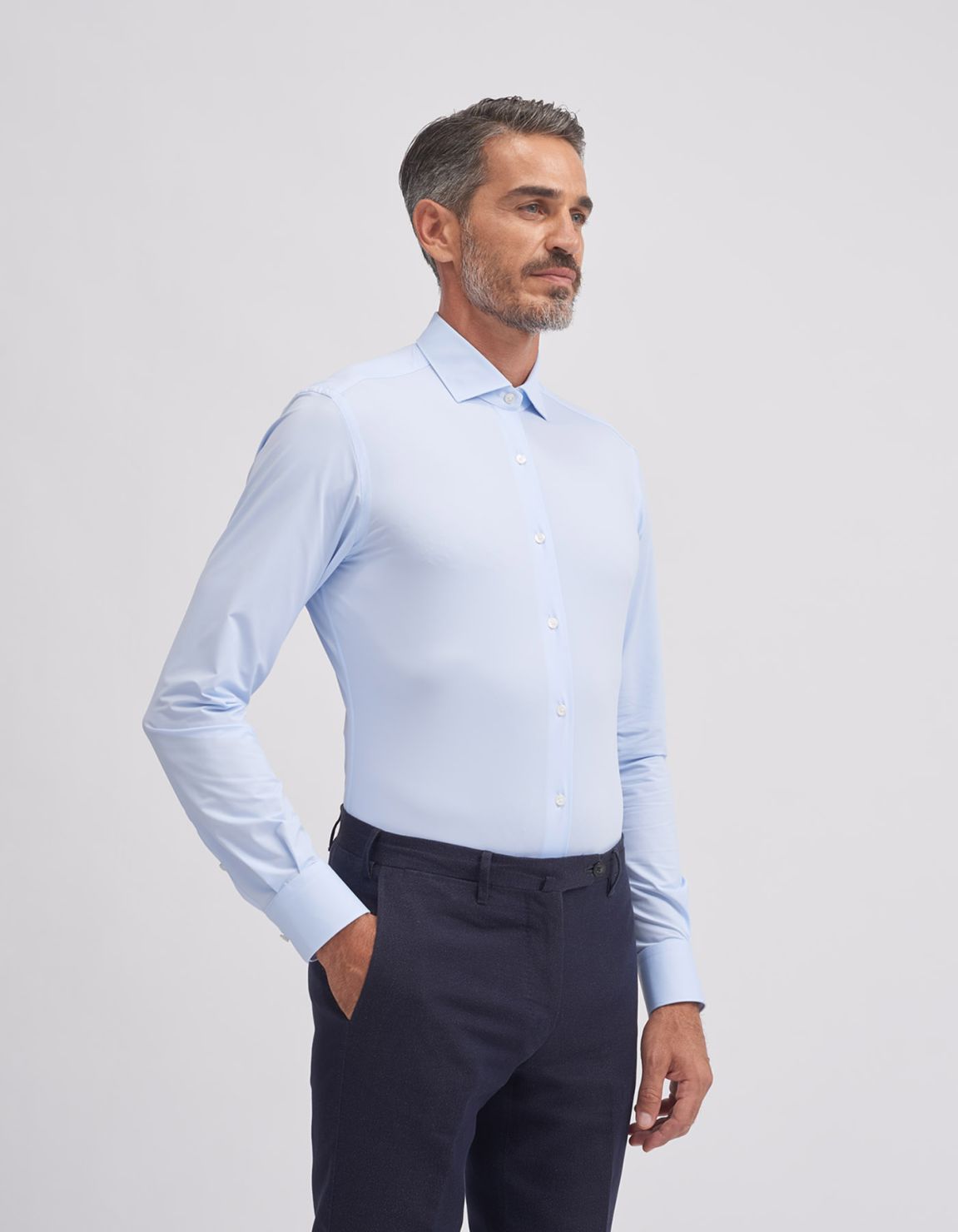 Chemise Col français petit Unie Oxford Bleu ciel pâle Slim Fit 1