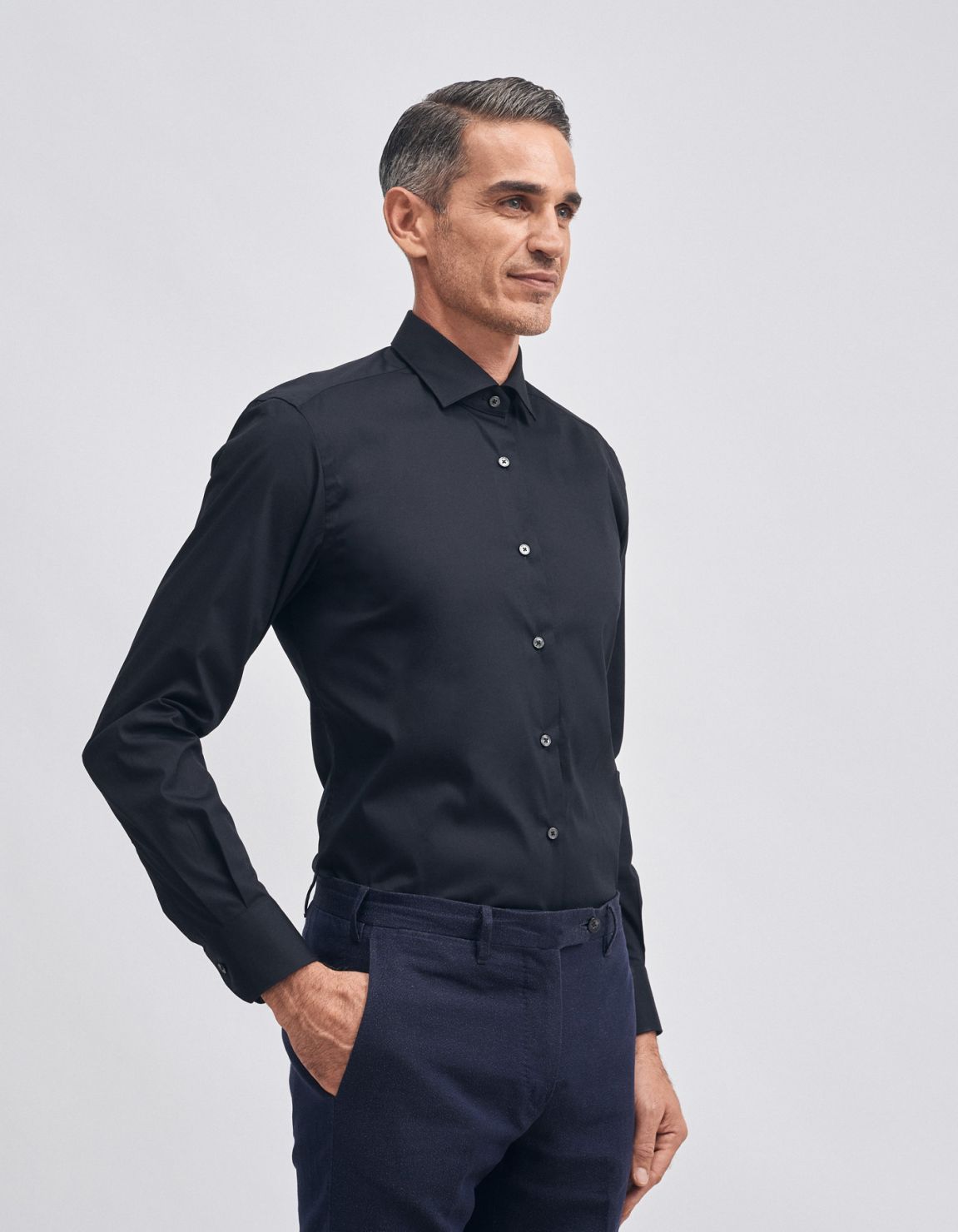 Camisa Cuello francés pequeño Negro Tela Liso Slim Fit 1