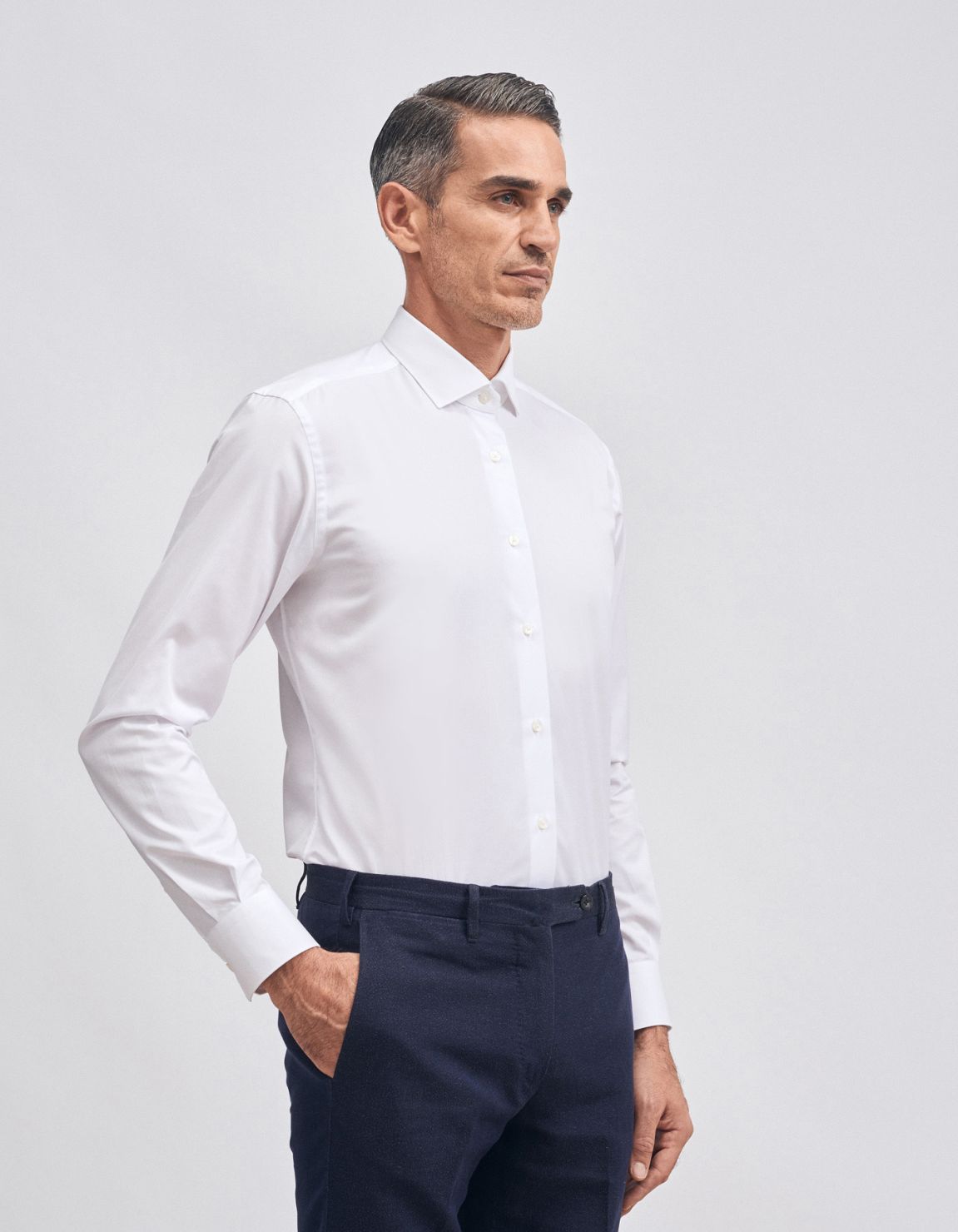 Camicia Collo francese piccolo Tinta Unita Twill Bianco Slim Fit 1