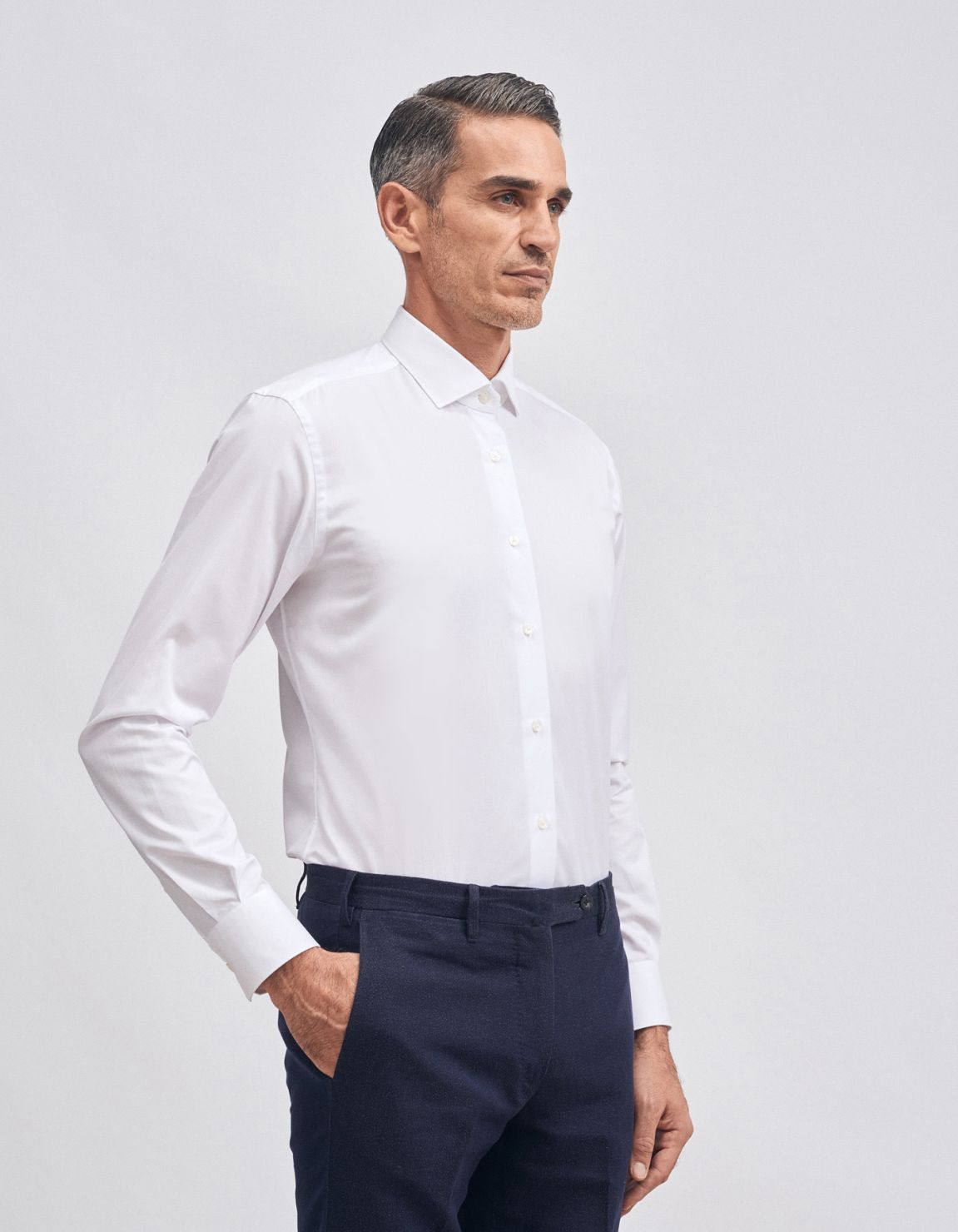 Chemise Col français petit Blanc Twill Unie Slim Fit 1