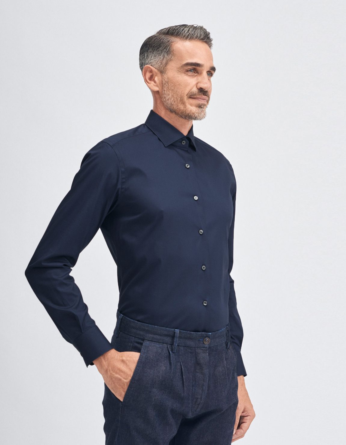 Camicia Collo francese piccolo Tinta Unita Tela Blu navy Slim Fit 1