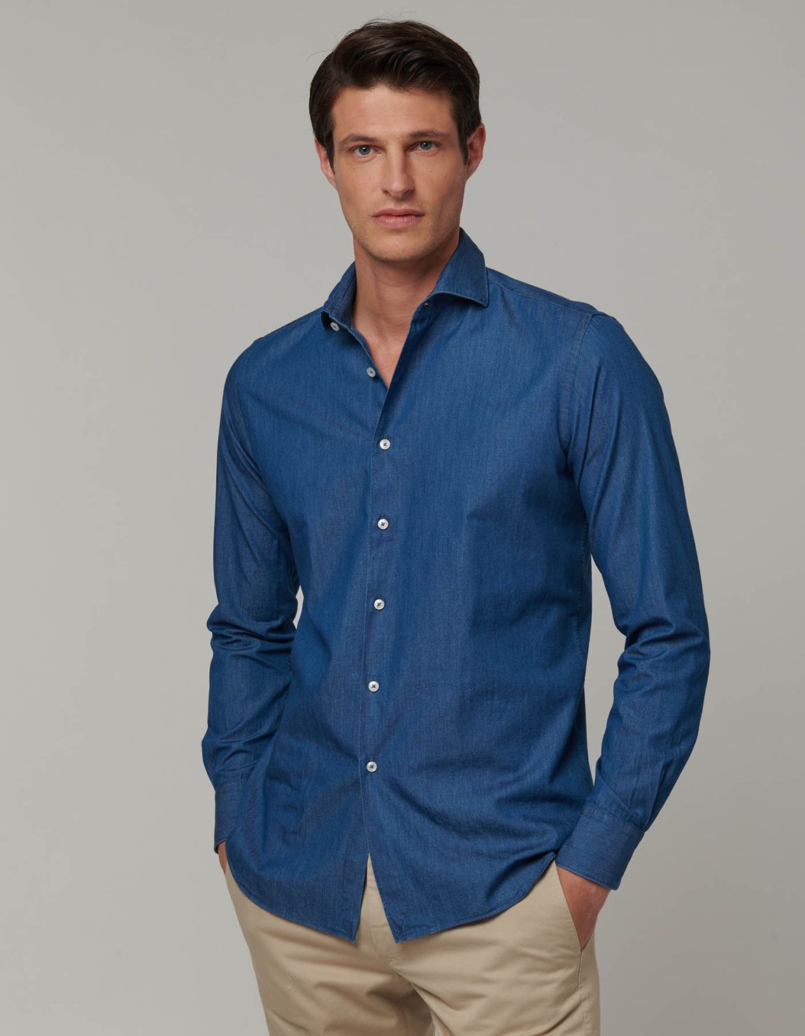 Camisa Cuello francés Blue jeans Tela Liso Tailor Custom Fit 1