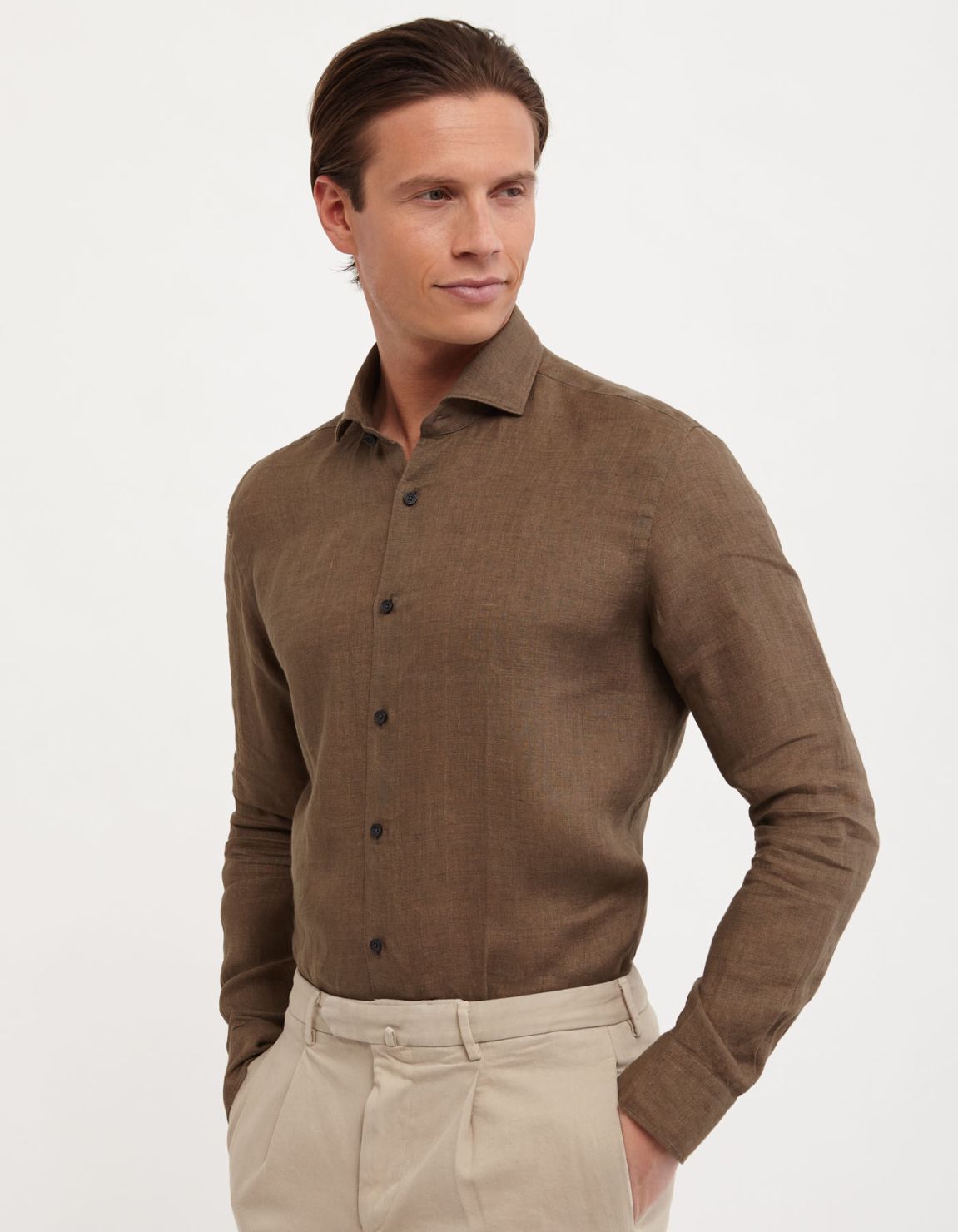 Brown Linen Solid colour Shirt Collar cutaway Tailor Custom Fit 3