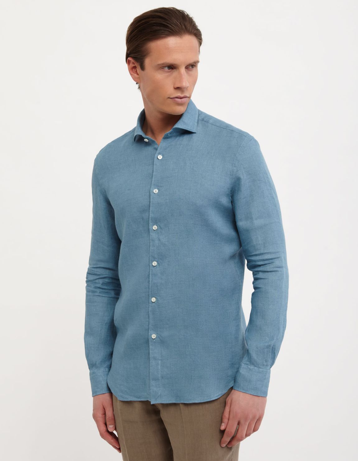 Camisa Cuello francés Liso Lino Verde azulado Tailor Custom Fit 3